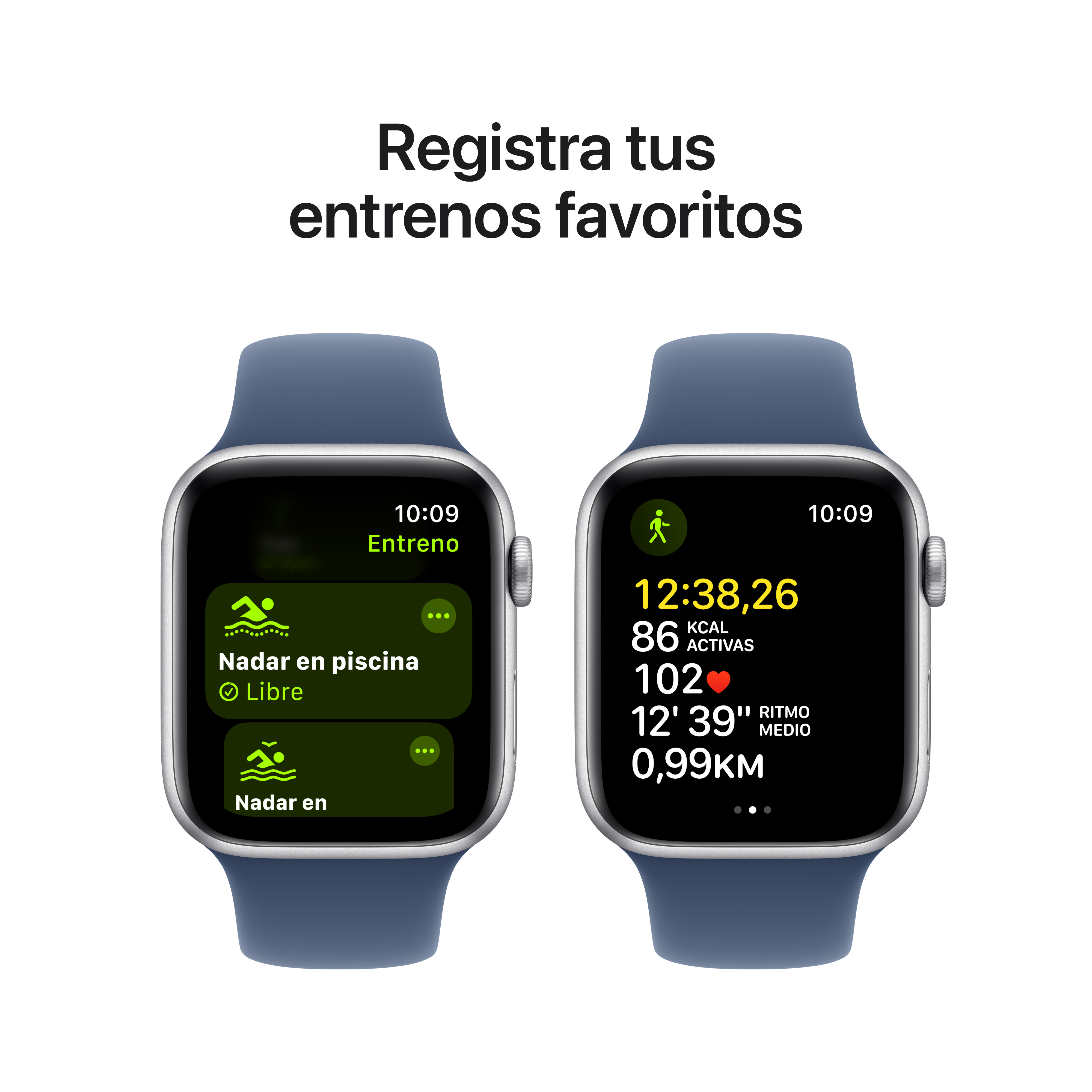 Dos relojes inteligentes con diferentes datos de entrenamiento de natación en la pantalla.