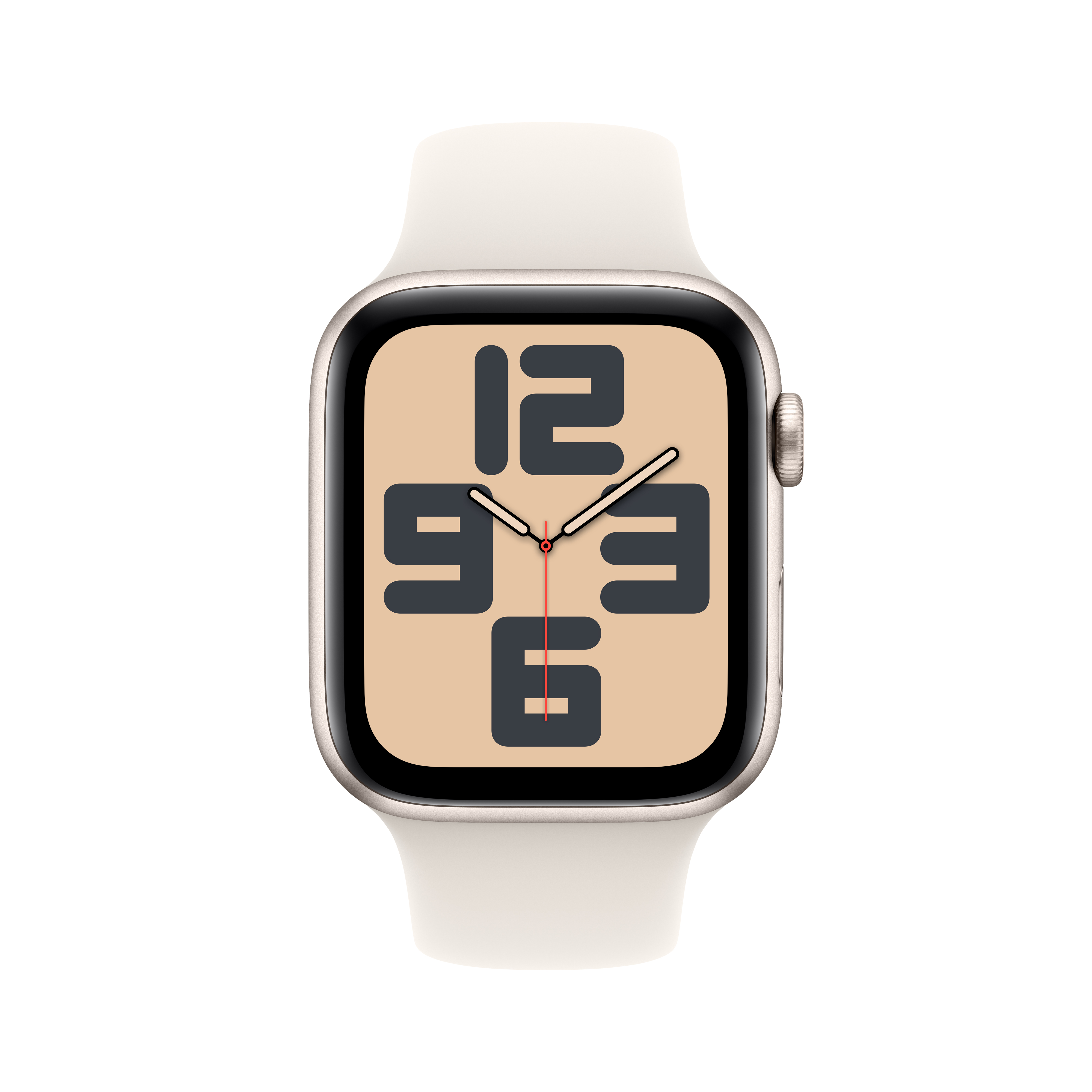 Beyaz kayışlı ve bej arka plan üzerinde büyük rakamlar gösteren dijital ekranlı bir Apple Watch.