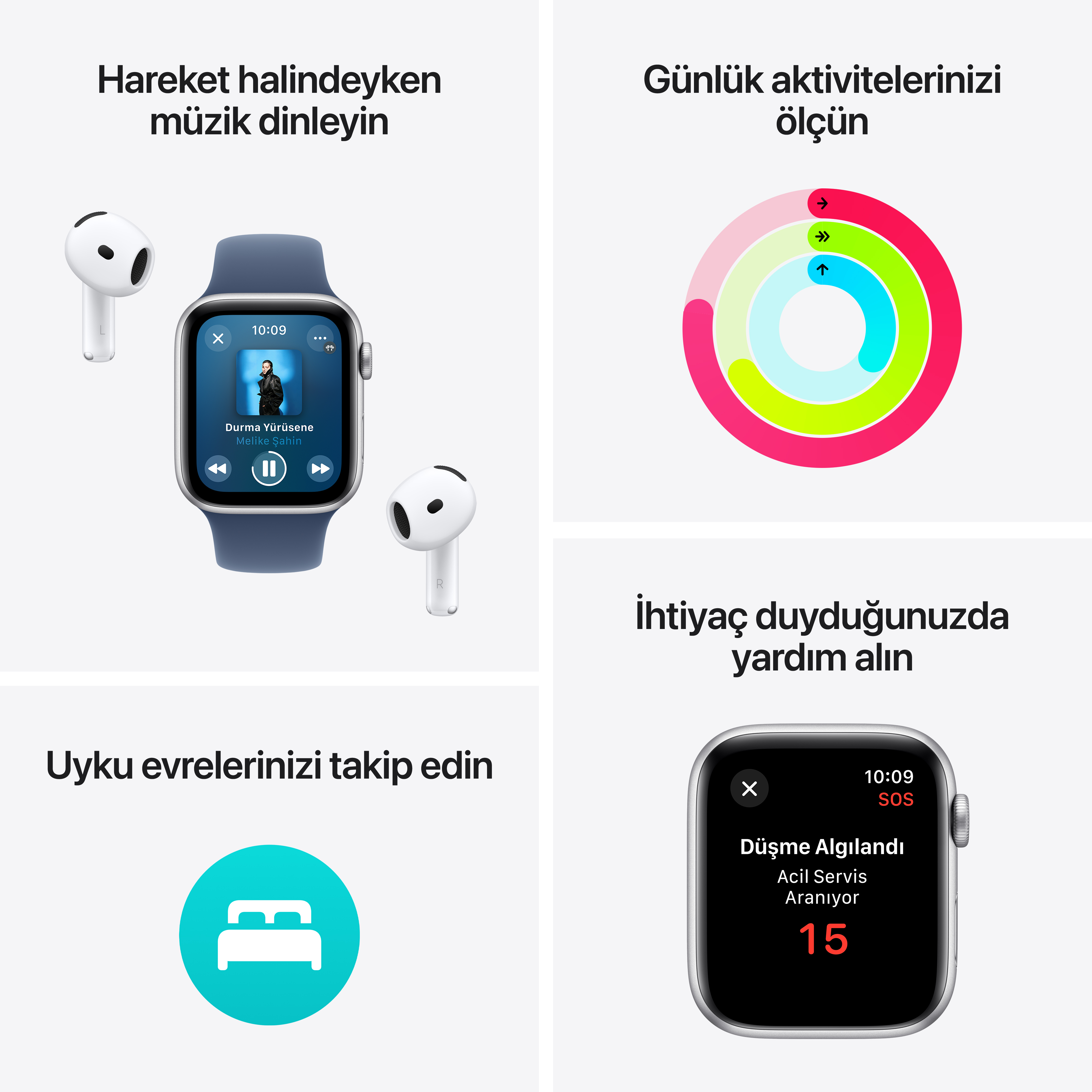 Apple Watch ve AirPods, müzik çalmayı, aktivite halkalarını ve düşme algılama SOS'ini gösteriyor.