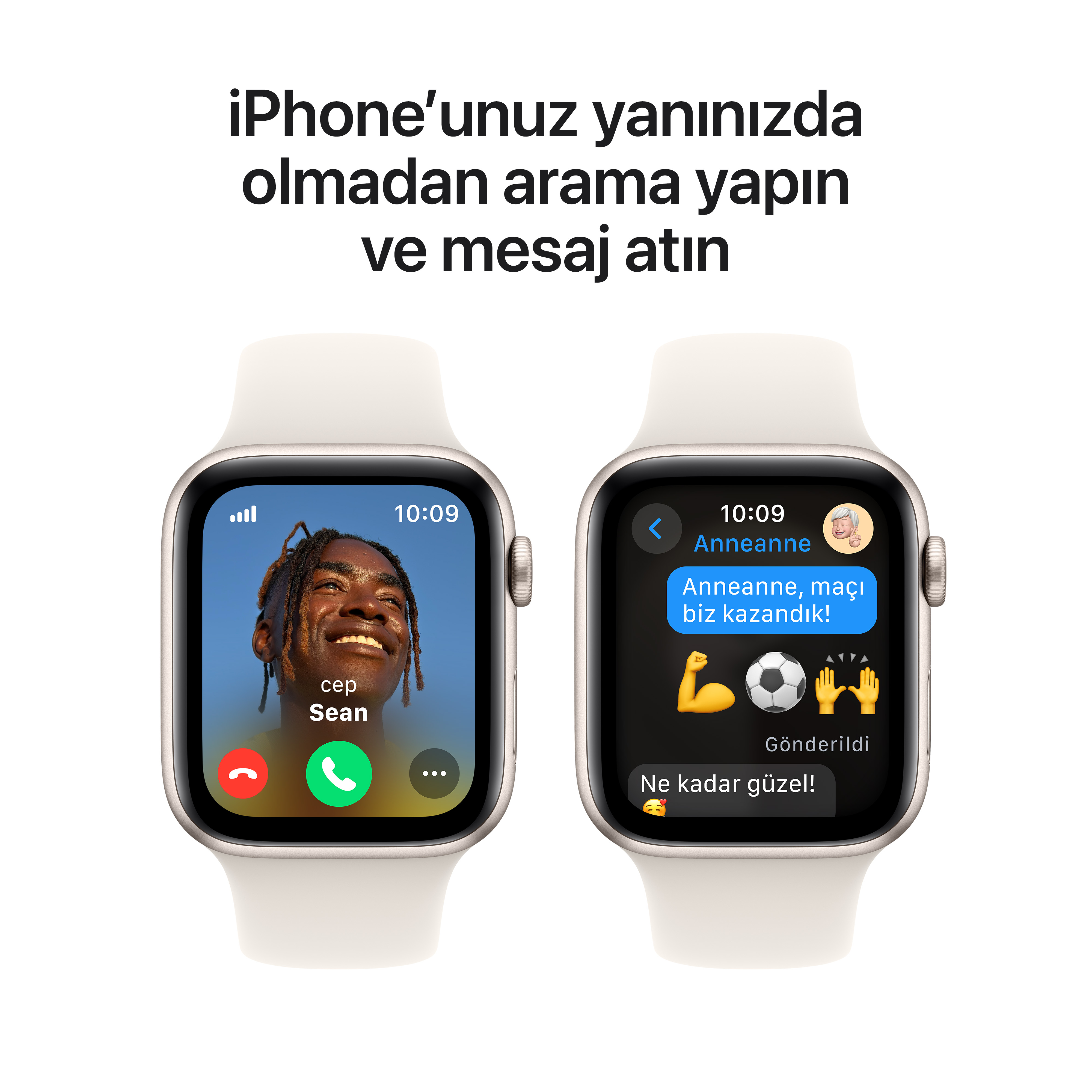 İki Apple Watch, bir arama ekranı ve bir metin mesajı gösteriyor. Ekranda gülen bir adam var.