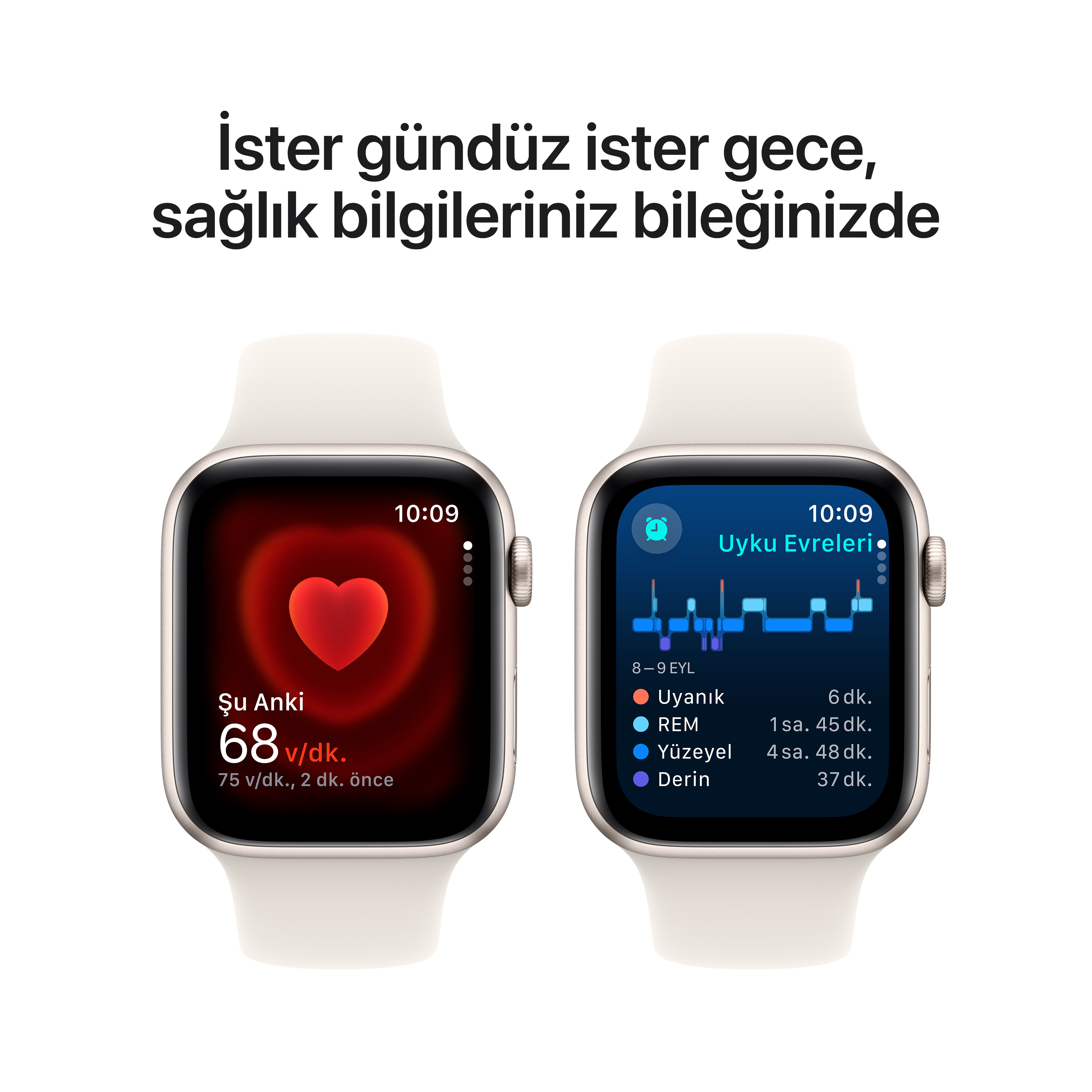 İki akıllı saat kalp atış hızı ve uyku verilerini gösteriyor. Beyaz kayışlar ve siyah ekranlar.