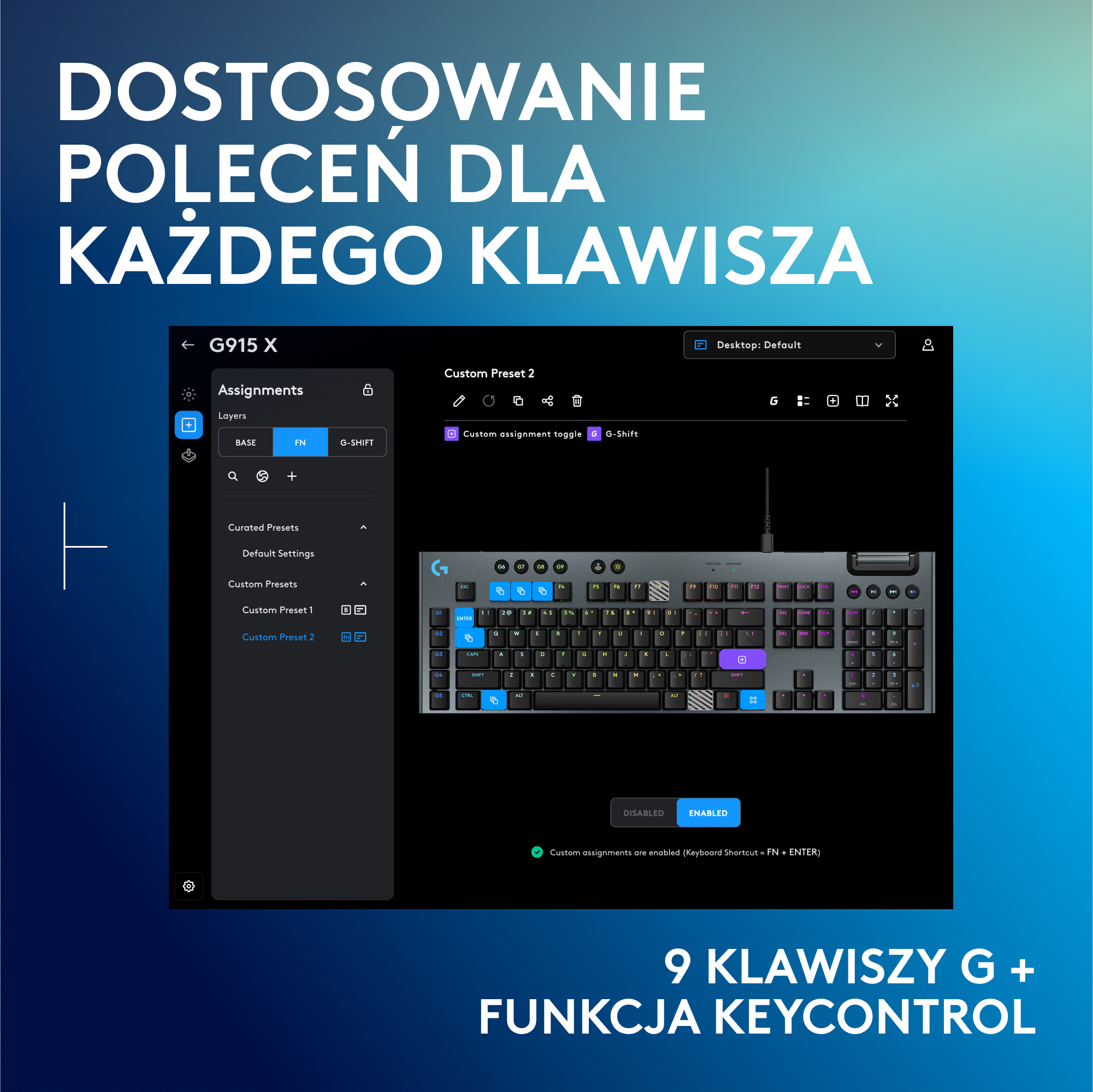 Interfejs klawiatury z konfigurowalnymi ustawieniami klawiszy.