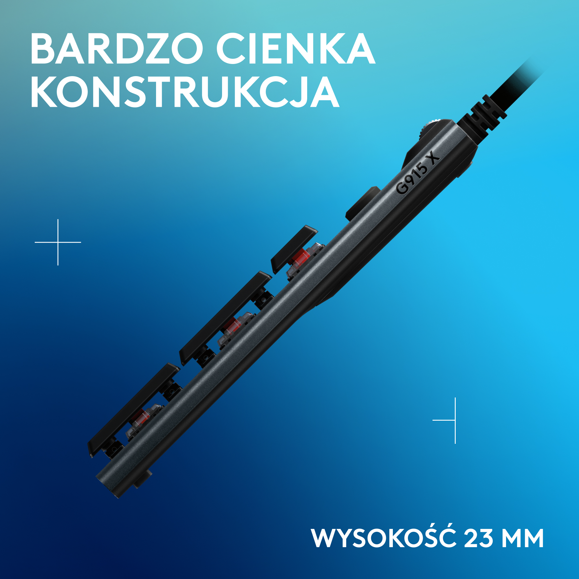 Zbliżenie czarnej klawiatury z czerwonymi przełącznikami.