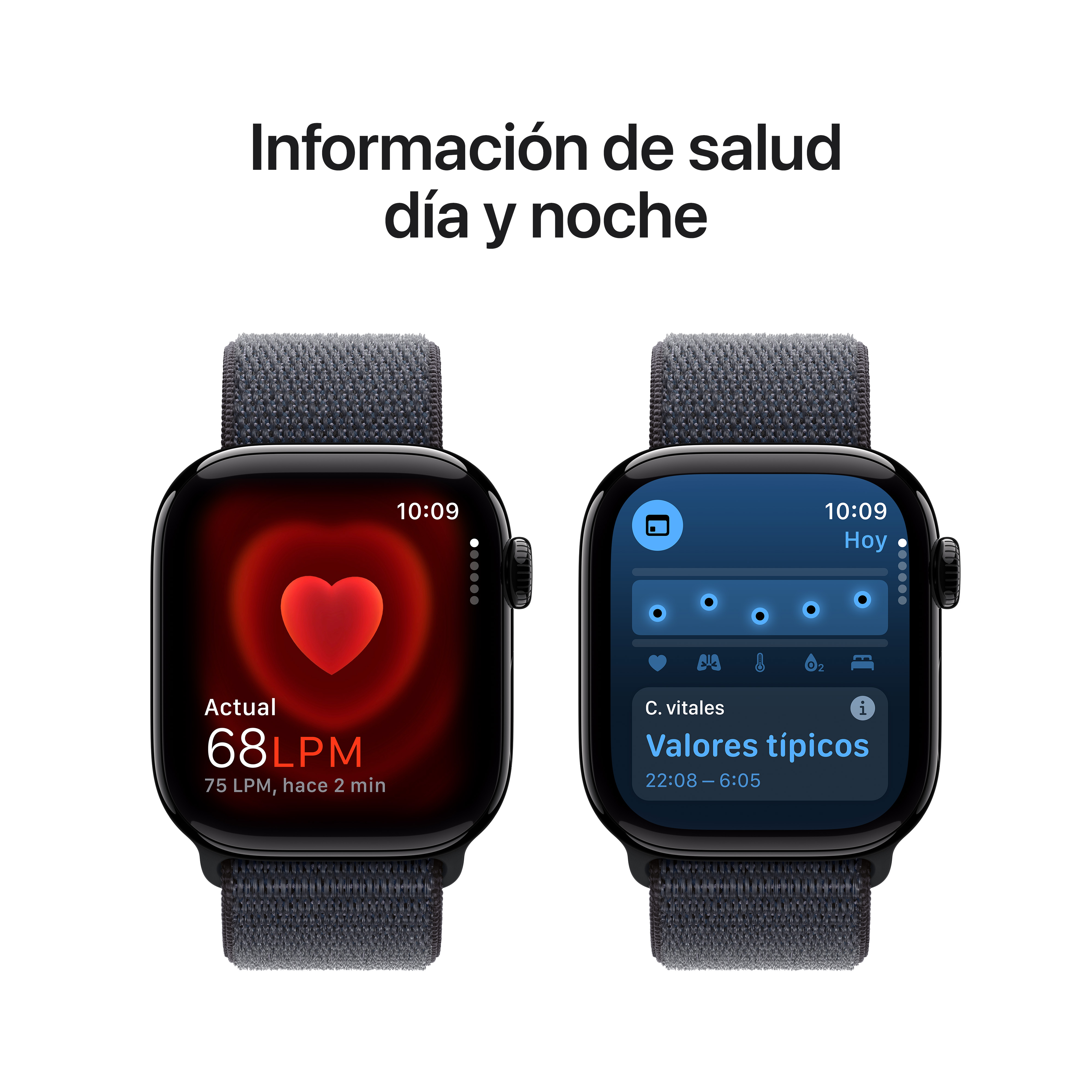 Dos smartwatches mostrando métricas de salud, uno frecuencia cardíaca, otro vitales.