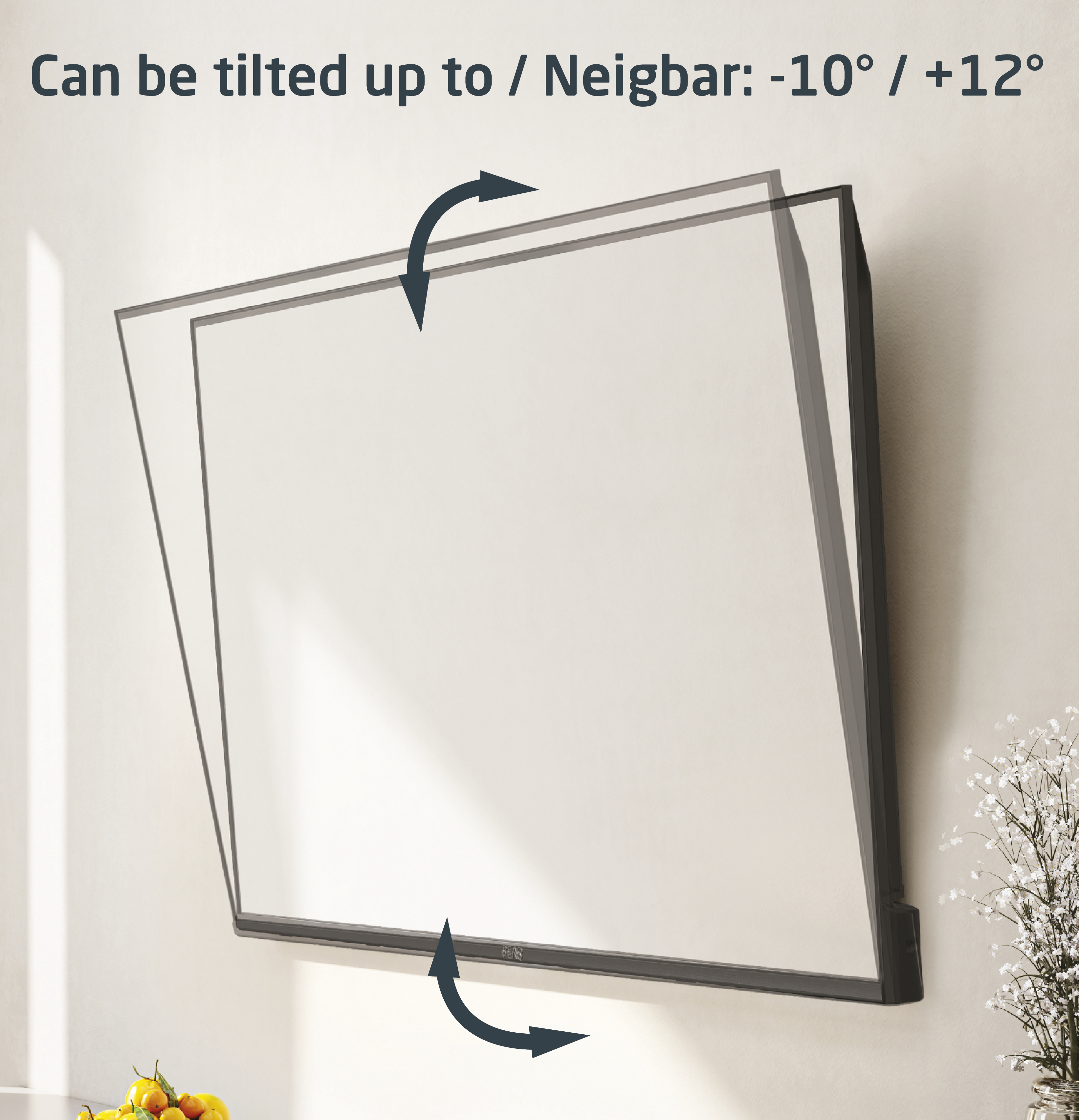 Ein an der Wand montierter Fernseher, nach oben und unten geneigt. Pfeile zeigen den Neigungsbereich an: -10° bis +12°.