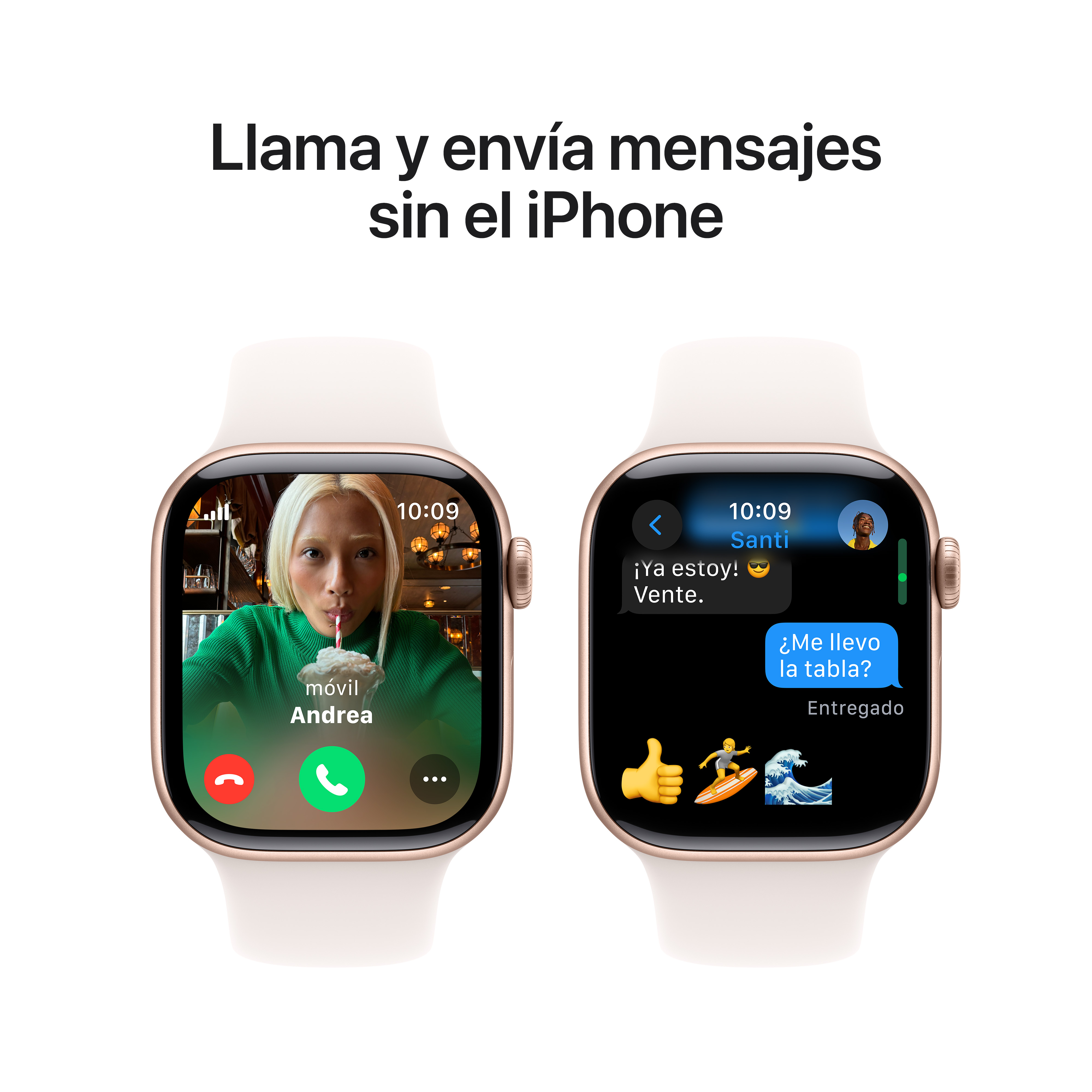 Dos Apple Watches que muestran llamadas y mensajes. Uno muestra una videollamada, el otro un mensaje de texto.