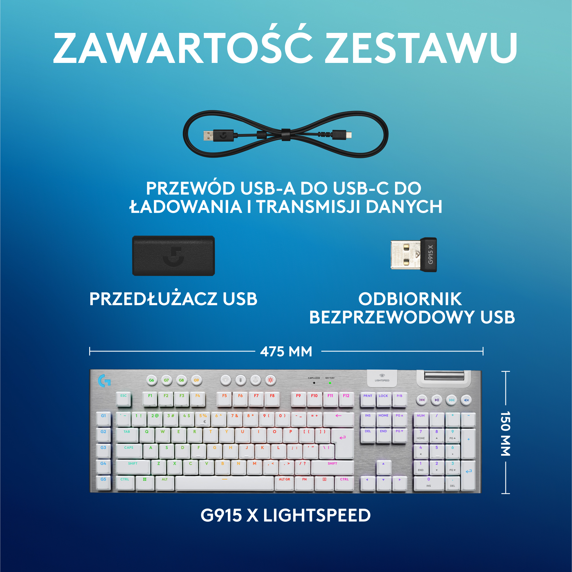 Zestaw klawiatury: klawiatura, kabel USB, przedłużacz USB i bezprzewodowy odbiornik USB, z wymiarami.