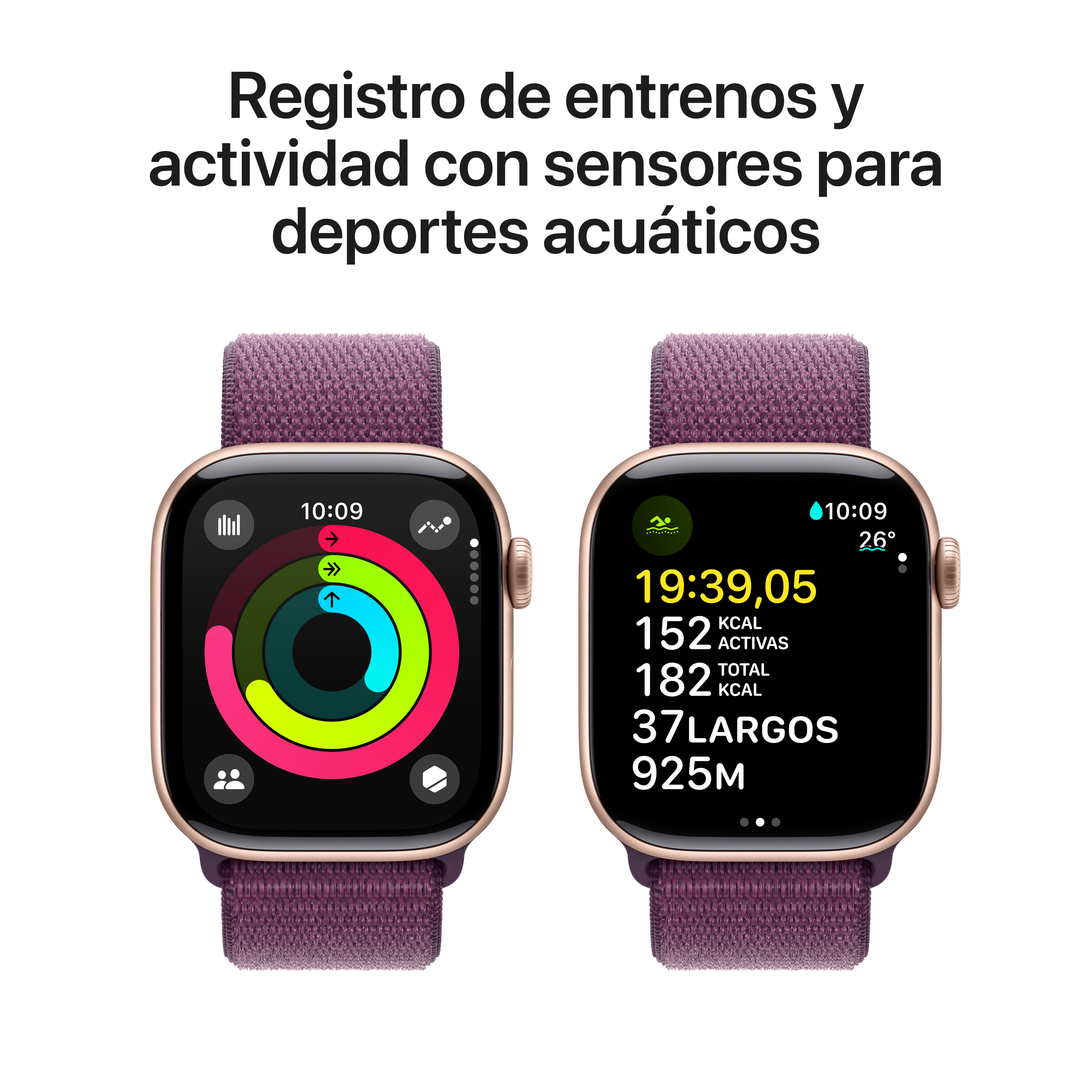 Dos Apple Watches con pantallas de seguimiento de actividad y correas de tela moradas.