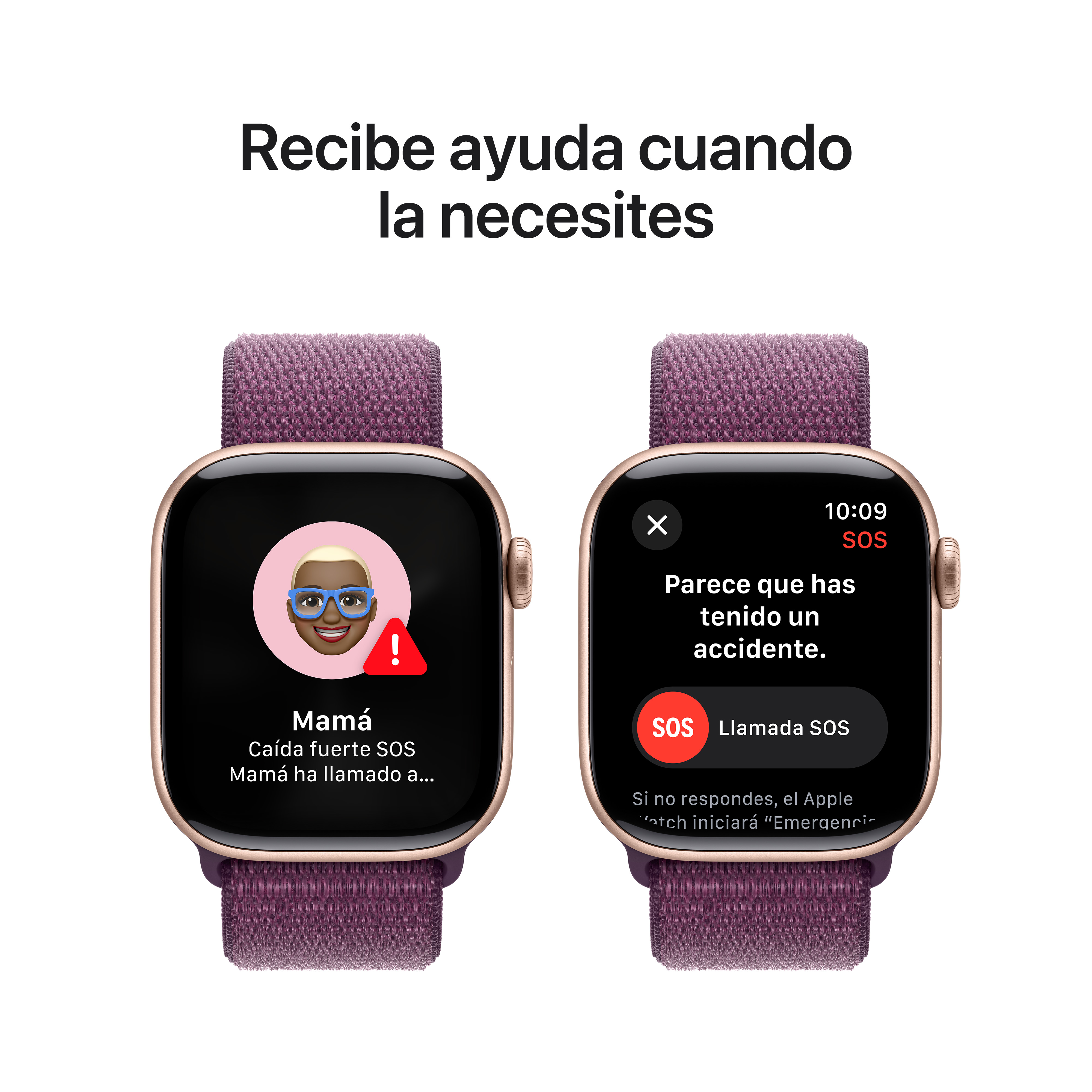 Dos Apple Watch: Uno muestra alerta de caída con llamada de mamá, otro llamada SOS a emergencias.