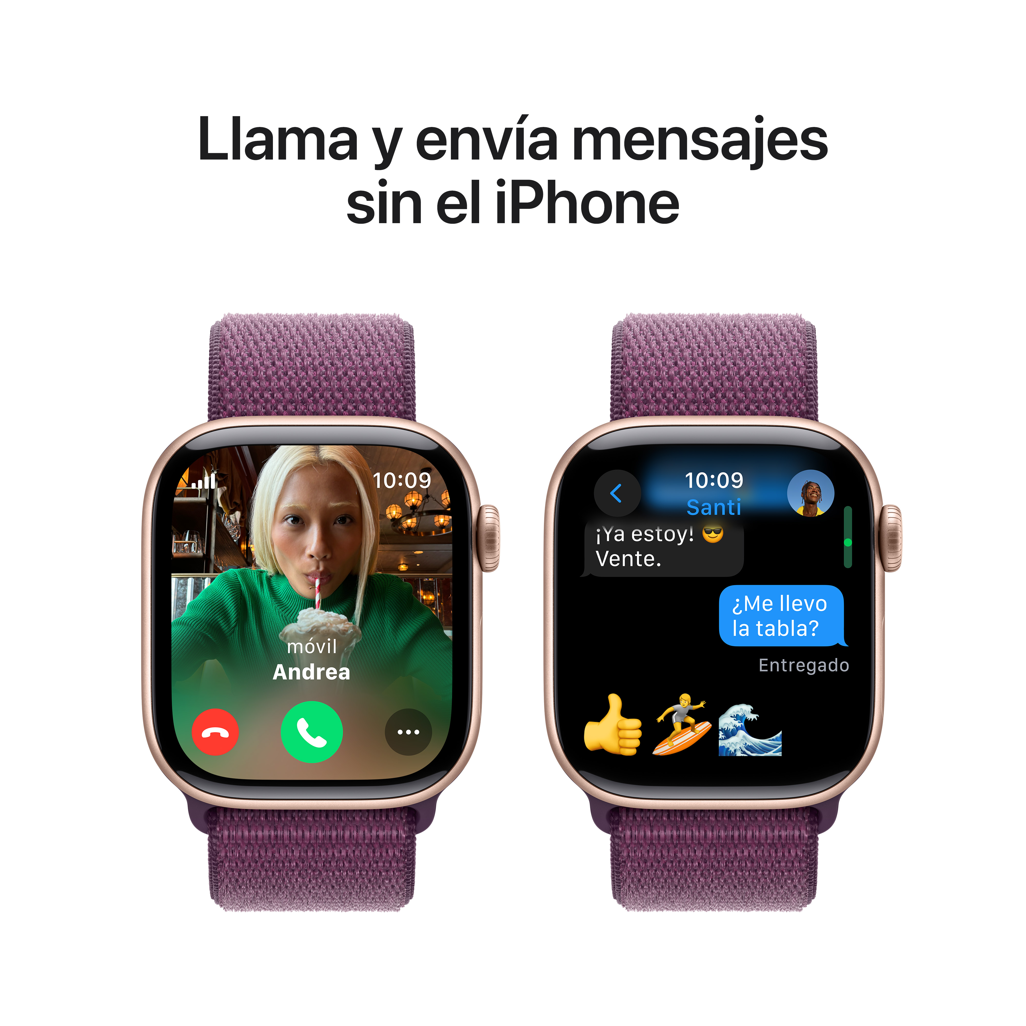 Dos smartwatches que muestran una videollamada y una interfaz de mensajes de texto. Texto en español. Fondo blanco.