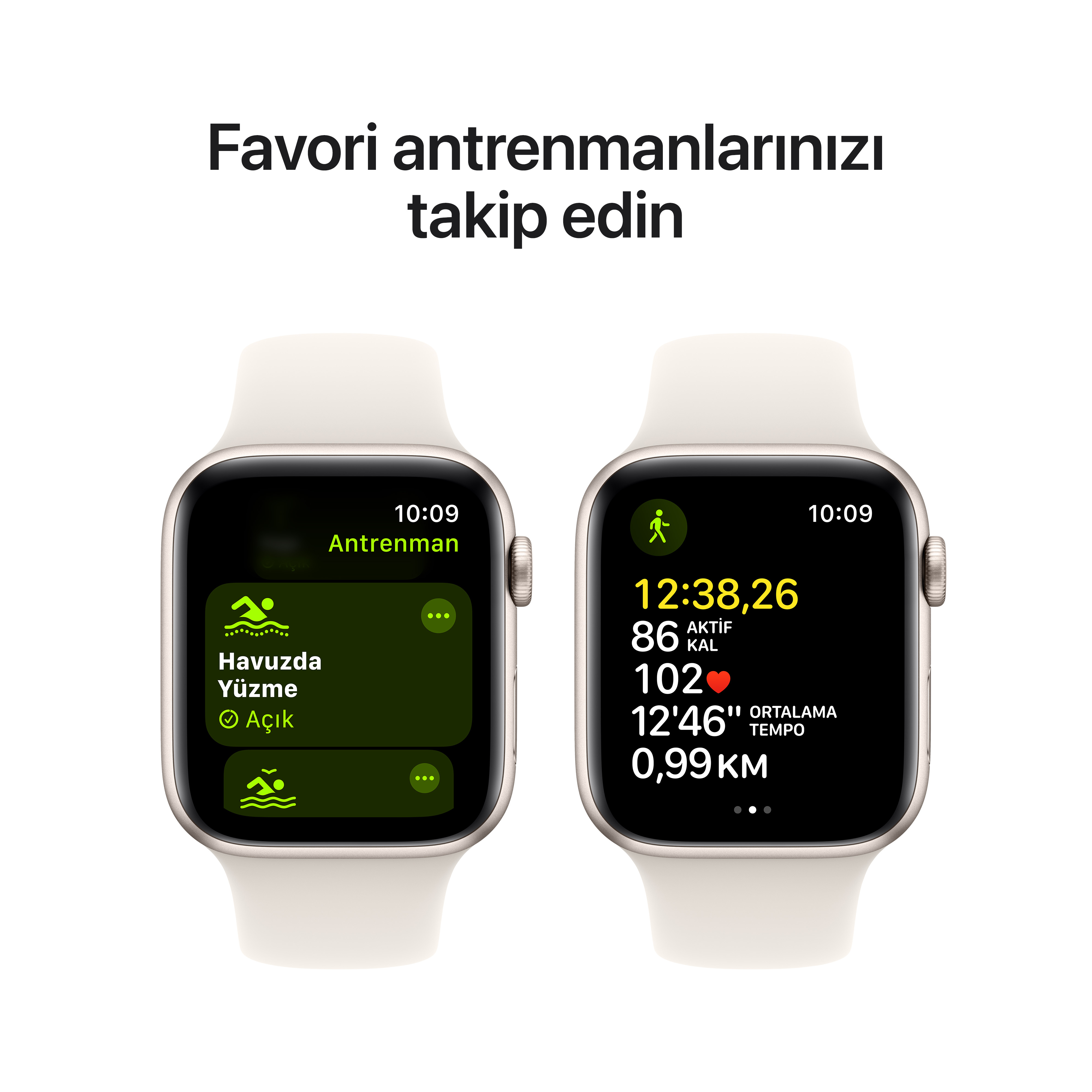 Ekranda egzersiz verilerini gösteren iki akıllı saat, beyaz bir arka plan ile.
