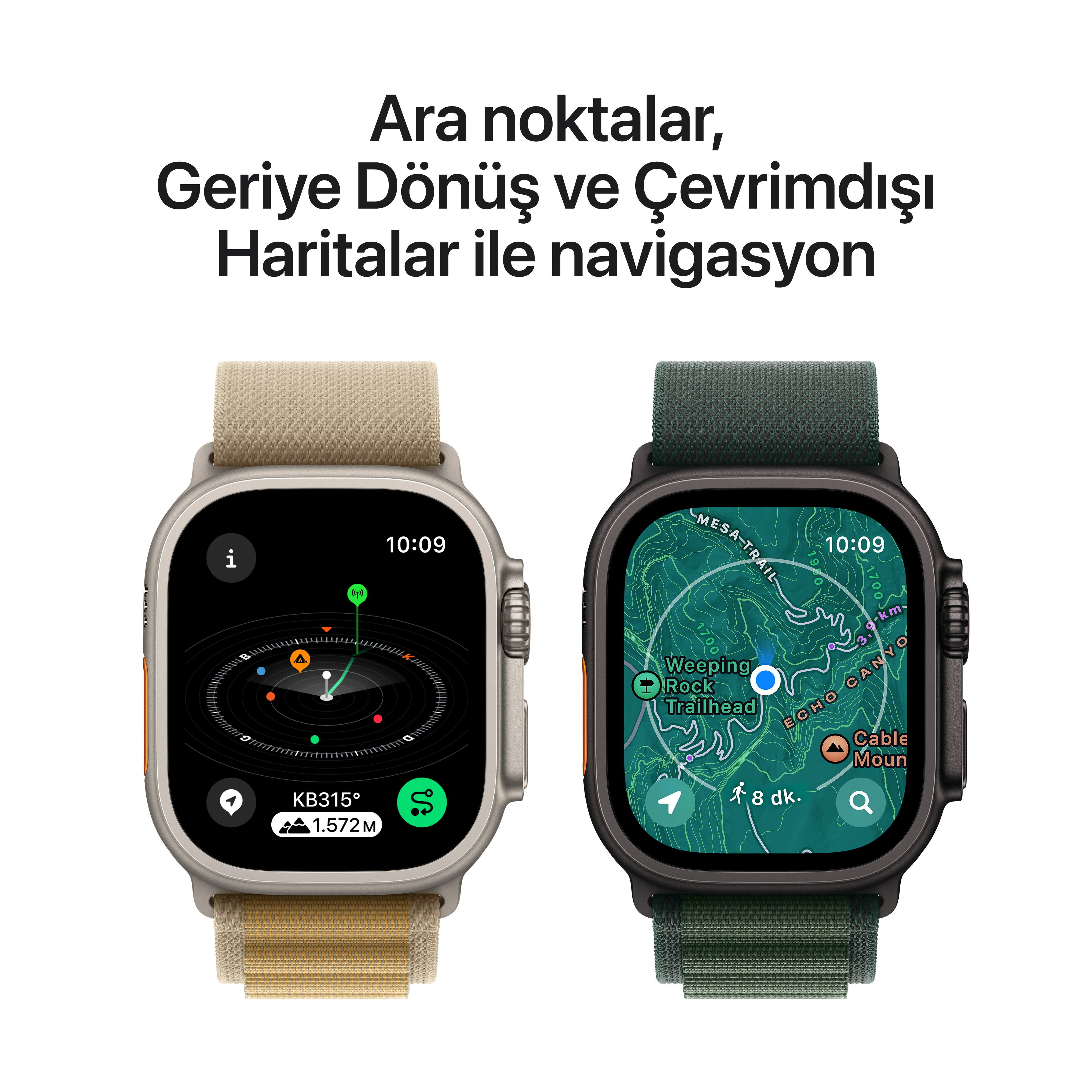 Farklı kayışlara sahip iki Apple Watch. Biri navigasyonlu bir harita, diğeri pusula ve bilgi gösteriyor.