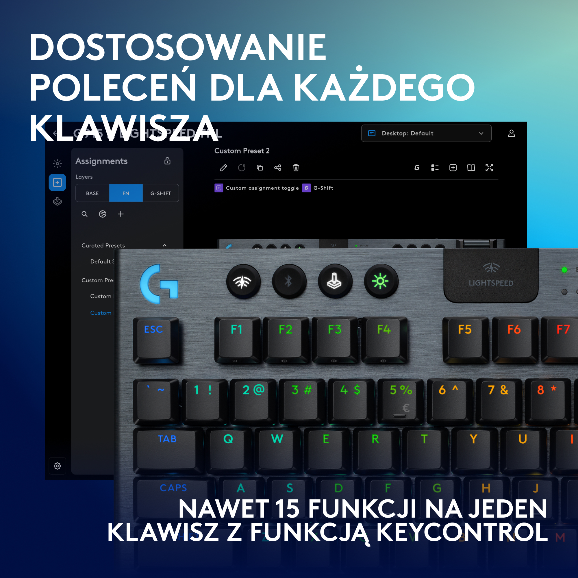 Klawiatura z niestandardowymi przypisaniami klawiszy, prezentująca układ i interfejs oprogramowania. Niebiesko-biały design.