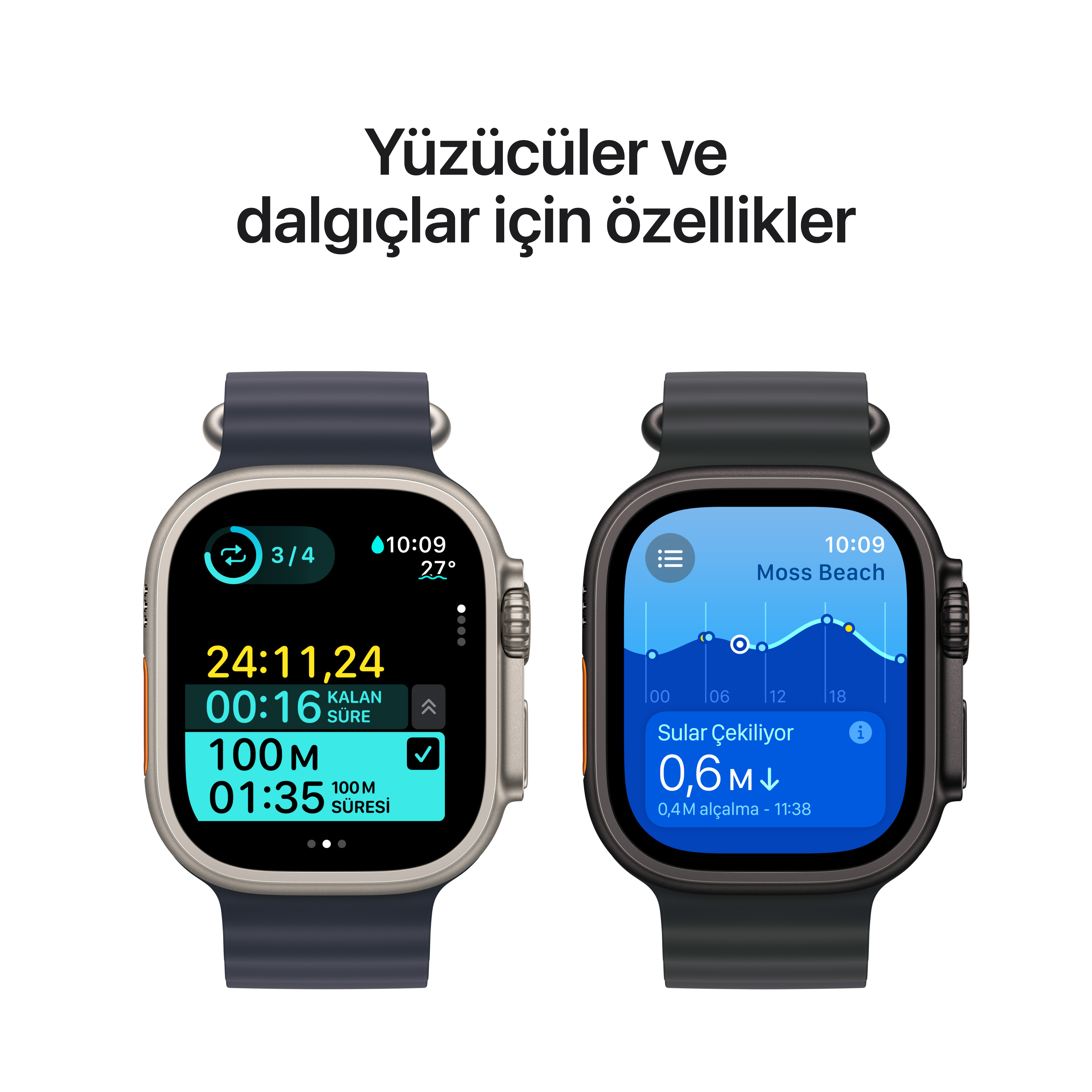 Siyah ve gümüş kayışlı iki akıllı saat. Biri egzersiz verilerini, diğeri gelgit bilgilerini gösteriyor.