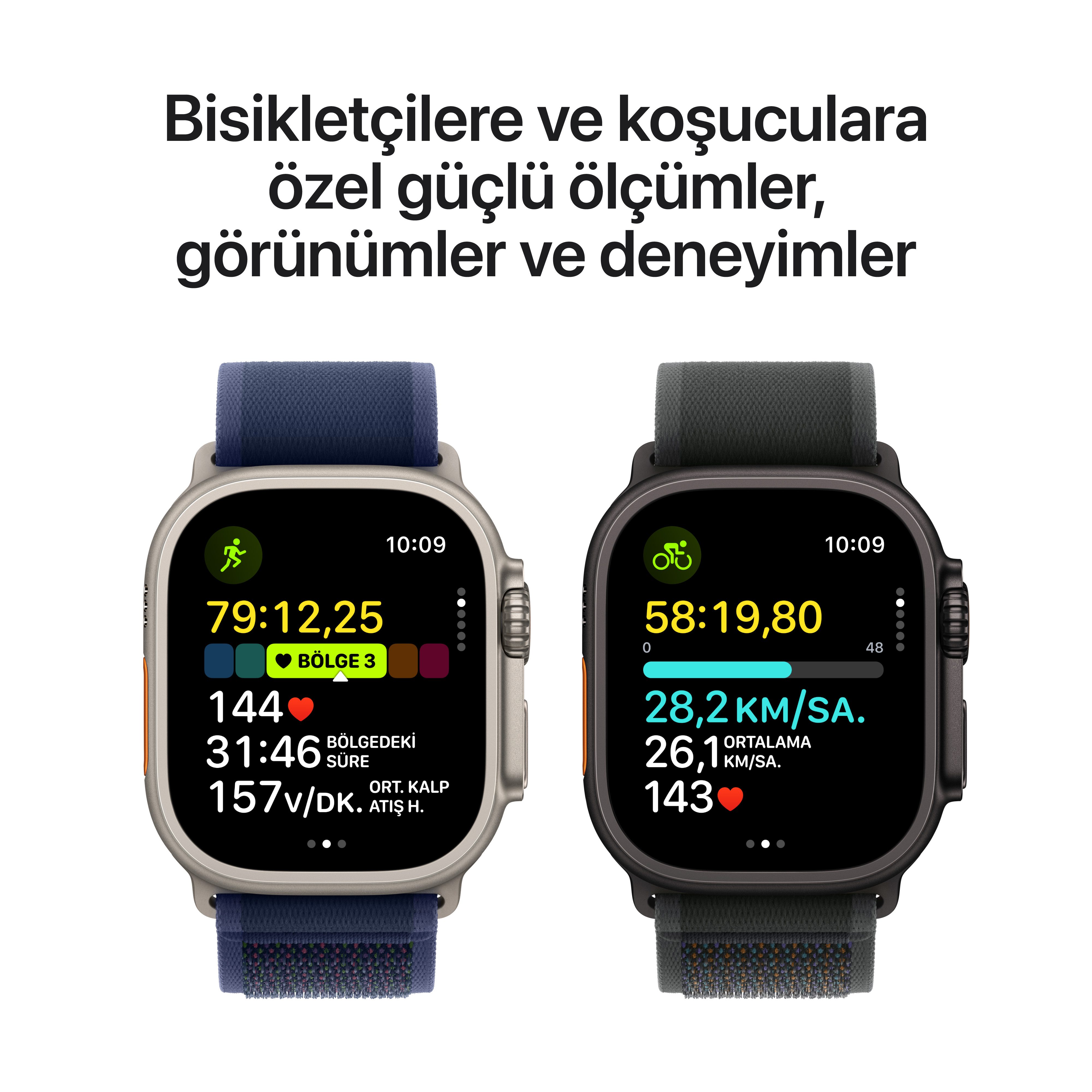 Antrenman verilerinin görüntülendiği iki akıllı saat. Mavi ve siyah kayışlar. Üstte metin.