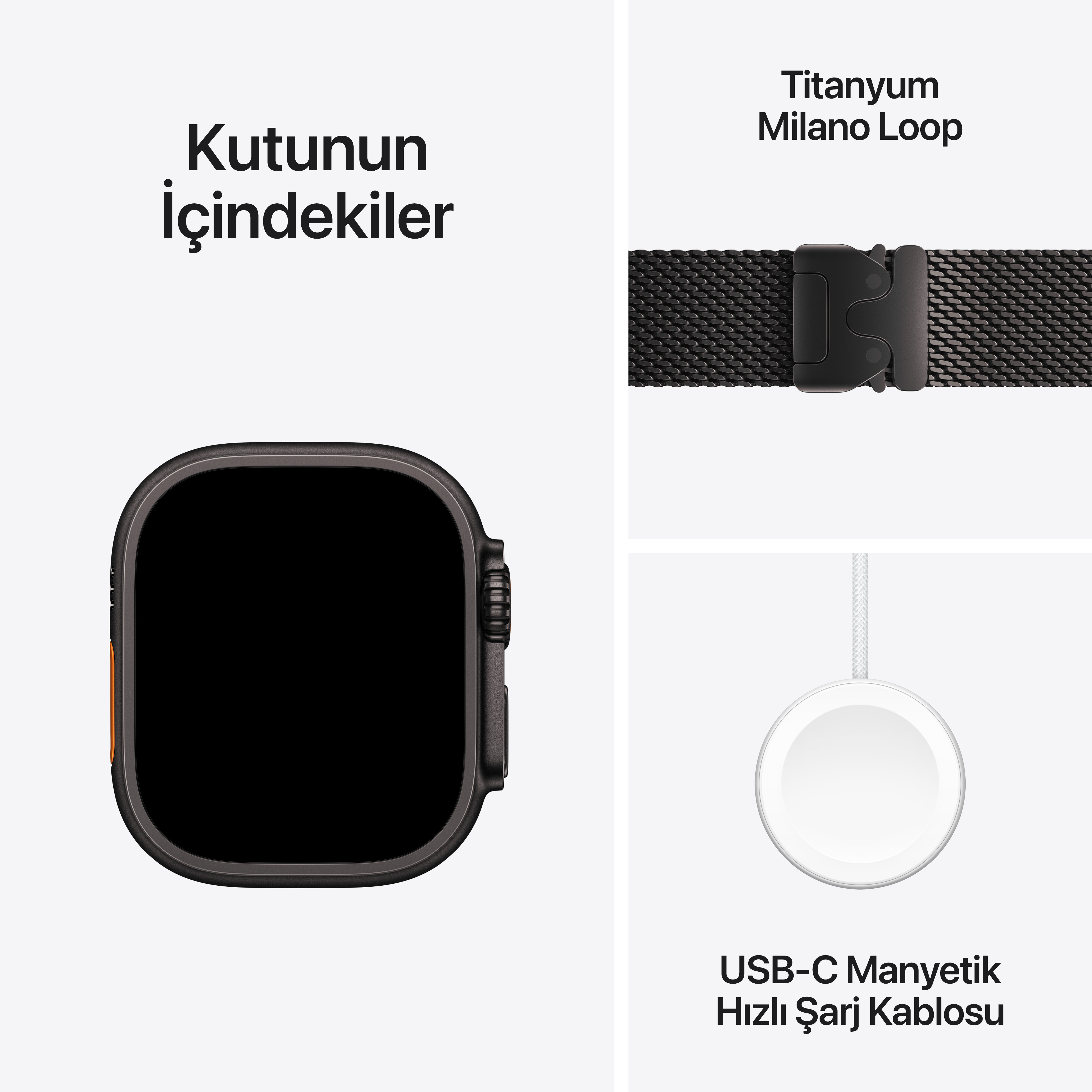 Apple Watch kutu içeriği: Titanyum Milanese Loop, şarj diski ve USB-C manyetik hızlı şarj kablosu.