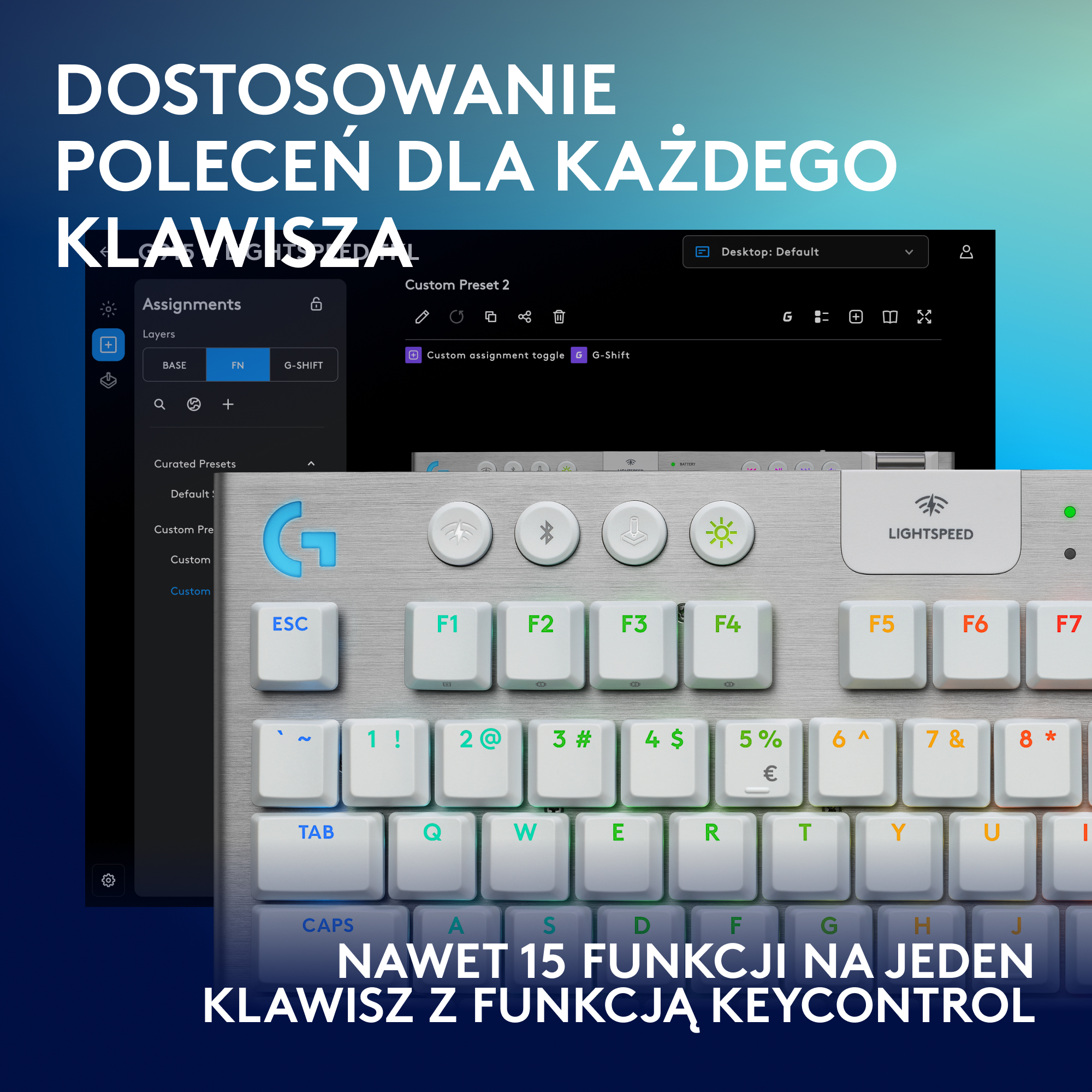 Klawiatura z ekranem pokazującym ustawienia niestandardowe. Tekst u góry brzmi 'Dostosowywanie poleceń dla każdego klawisza'.