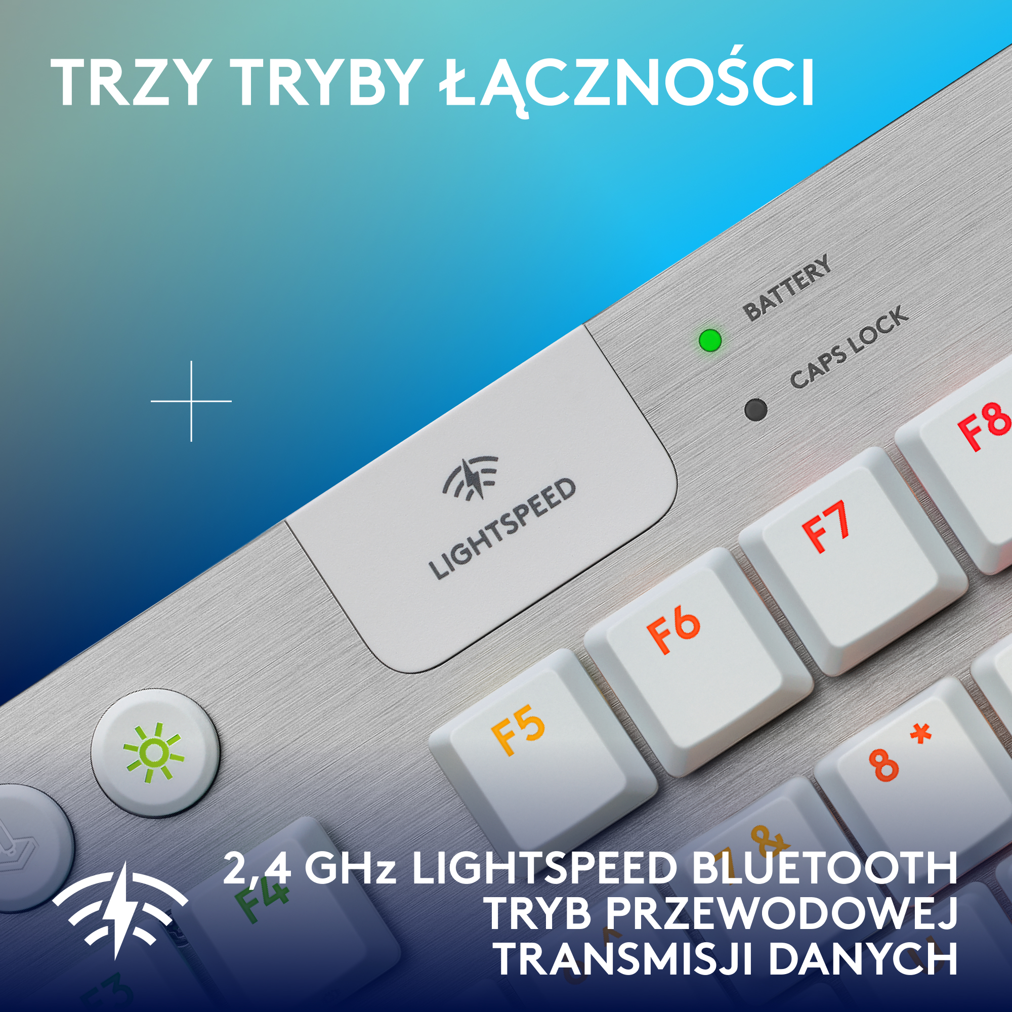 Zbliżenie klawiatury z klawiszami funkcyjnymi i przyciskiem zasilania.