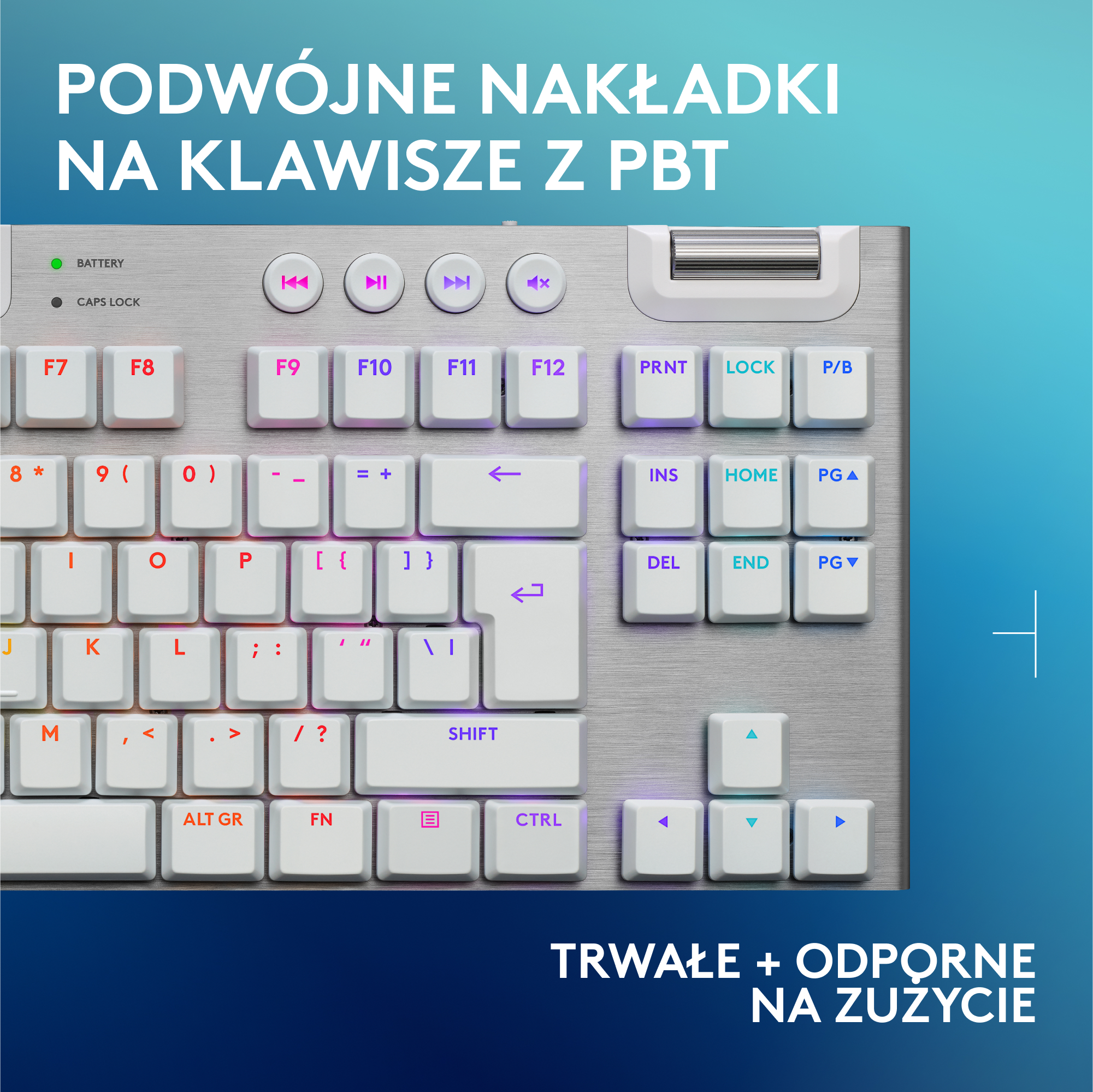 Klawiatura z białymi klawiszami i srebrną ramką, z widocznymi klawiszami funkcyjnymi.