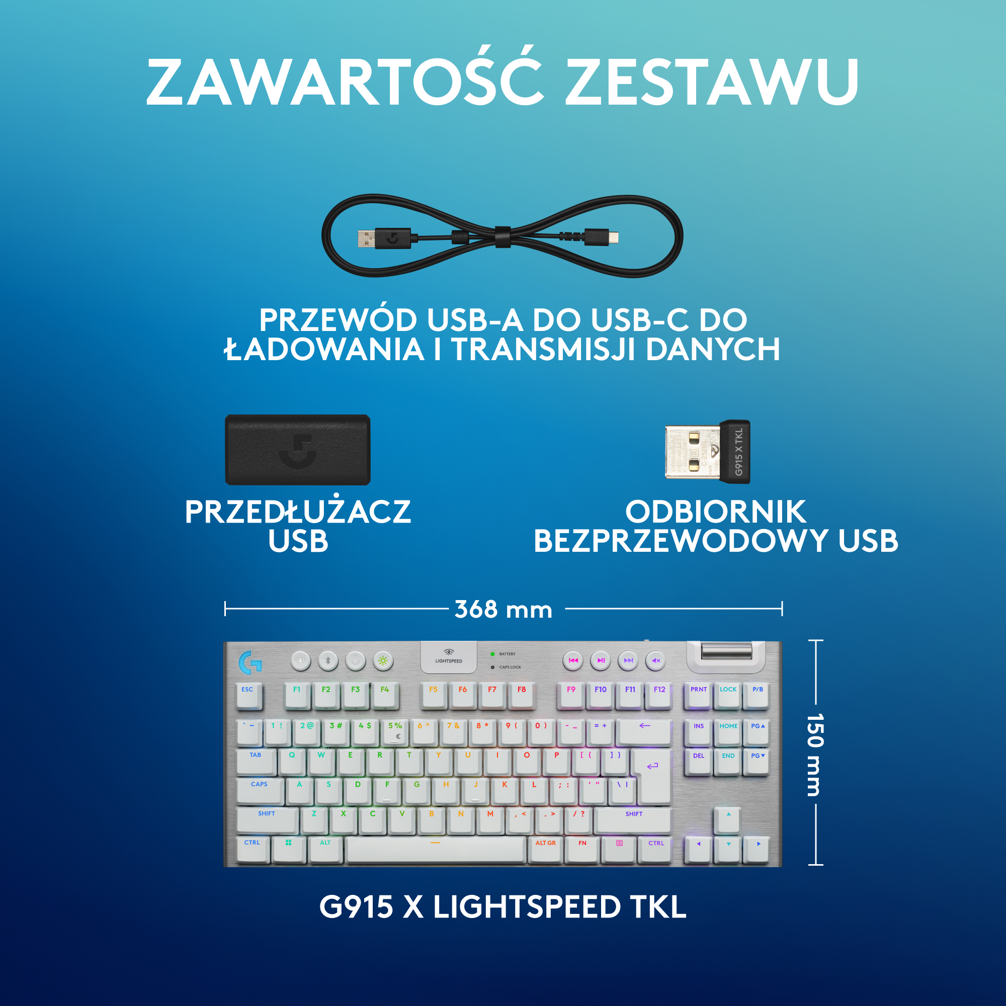 Klawiatura G915 X LIGHTSPEED TKL z kablem USB, odbiornikiem i przedłużaczem. Białe klawisze.