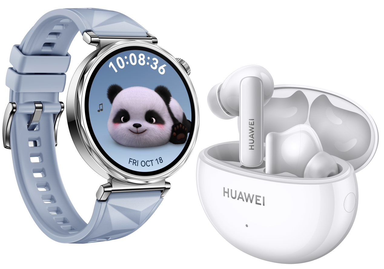 Smartwatch und Ohrhörer-Set; die Uhr zeigt Pandagesicht. Ohrhörer sind weiß.