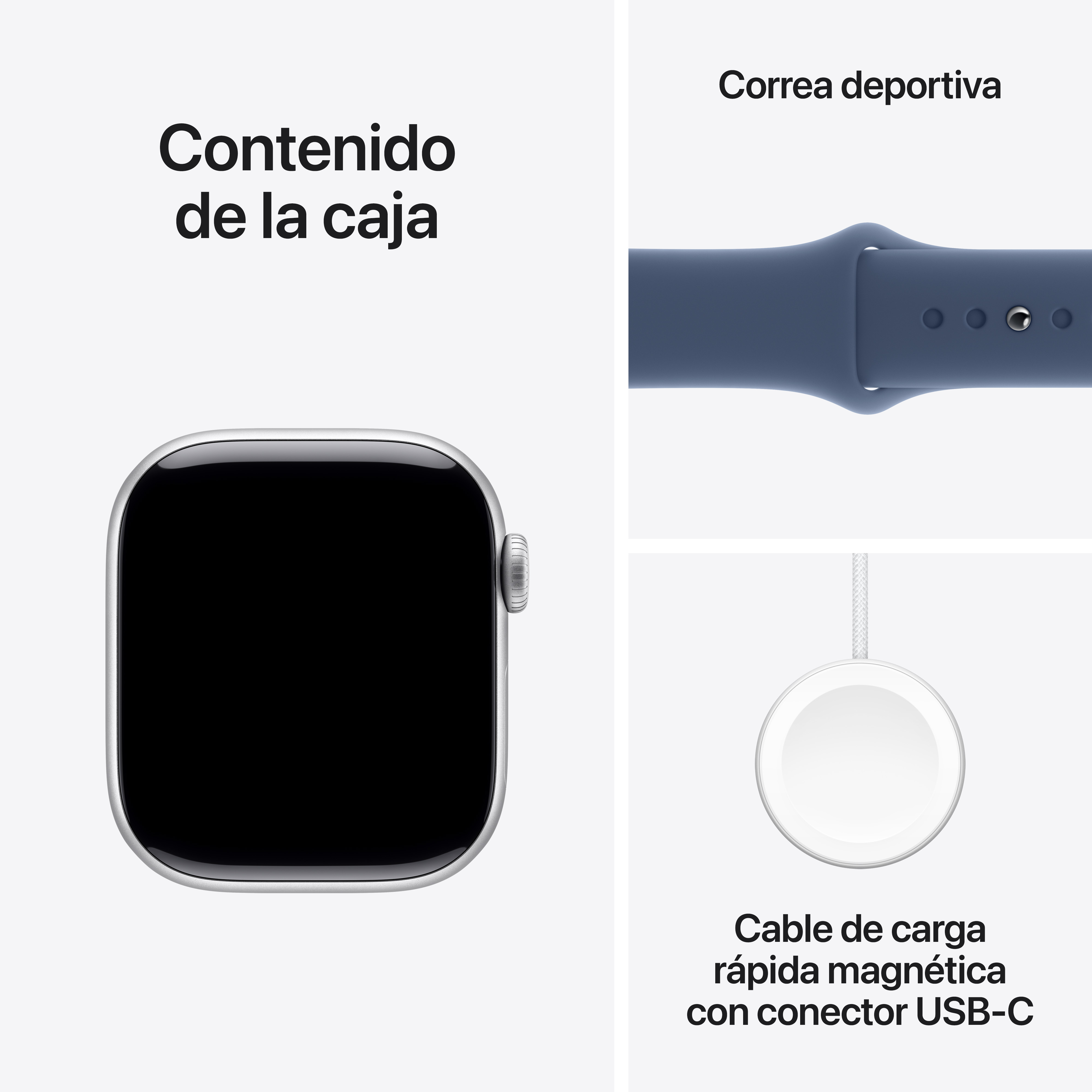 Apple Watch plateado, correa azul y disco de carga blanco sobre fondo blanco.