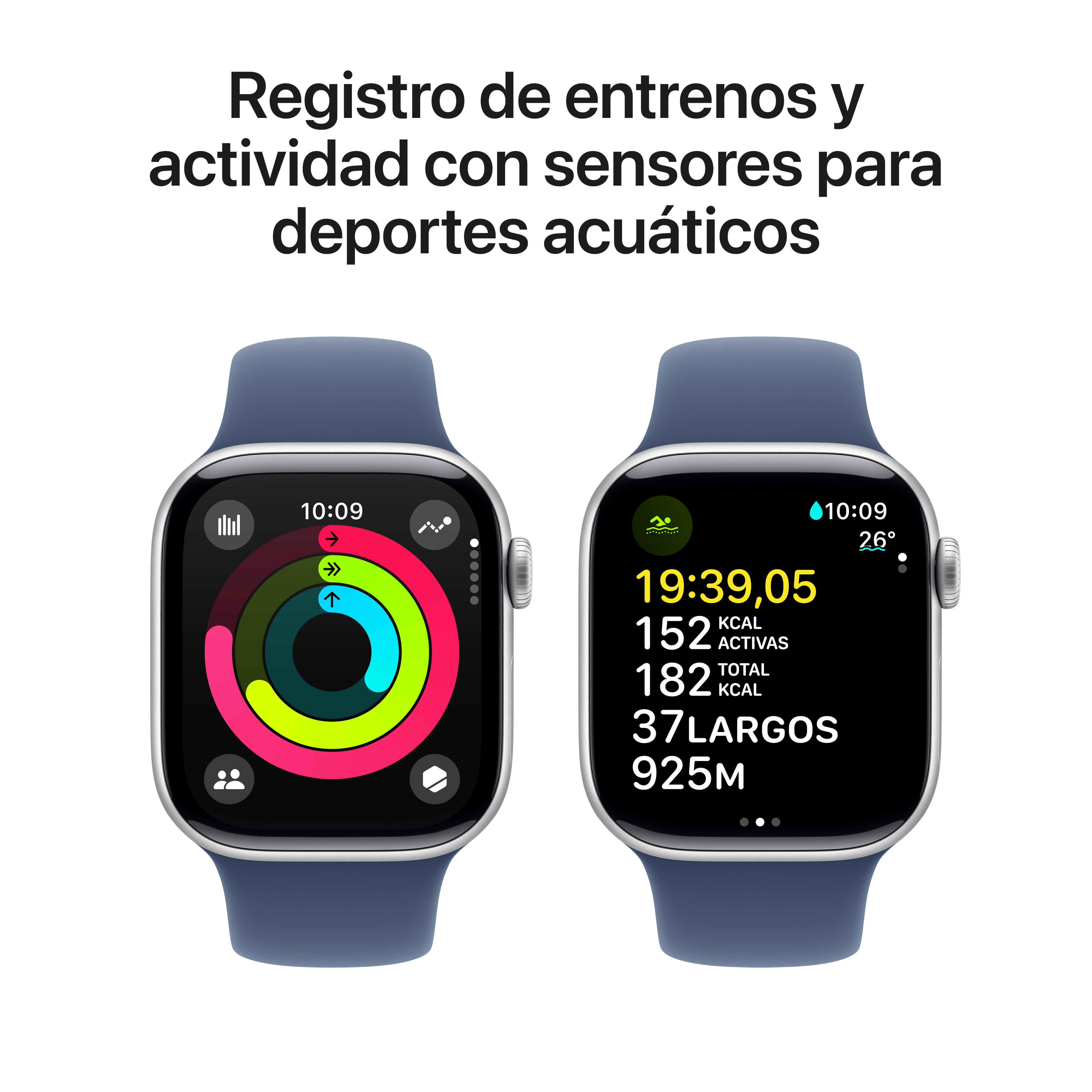 Dos smartwatches con datos de seguimiento de actividad. Muestra gráficos y estadísticas relacionadas con el entrenamiento.