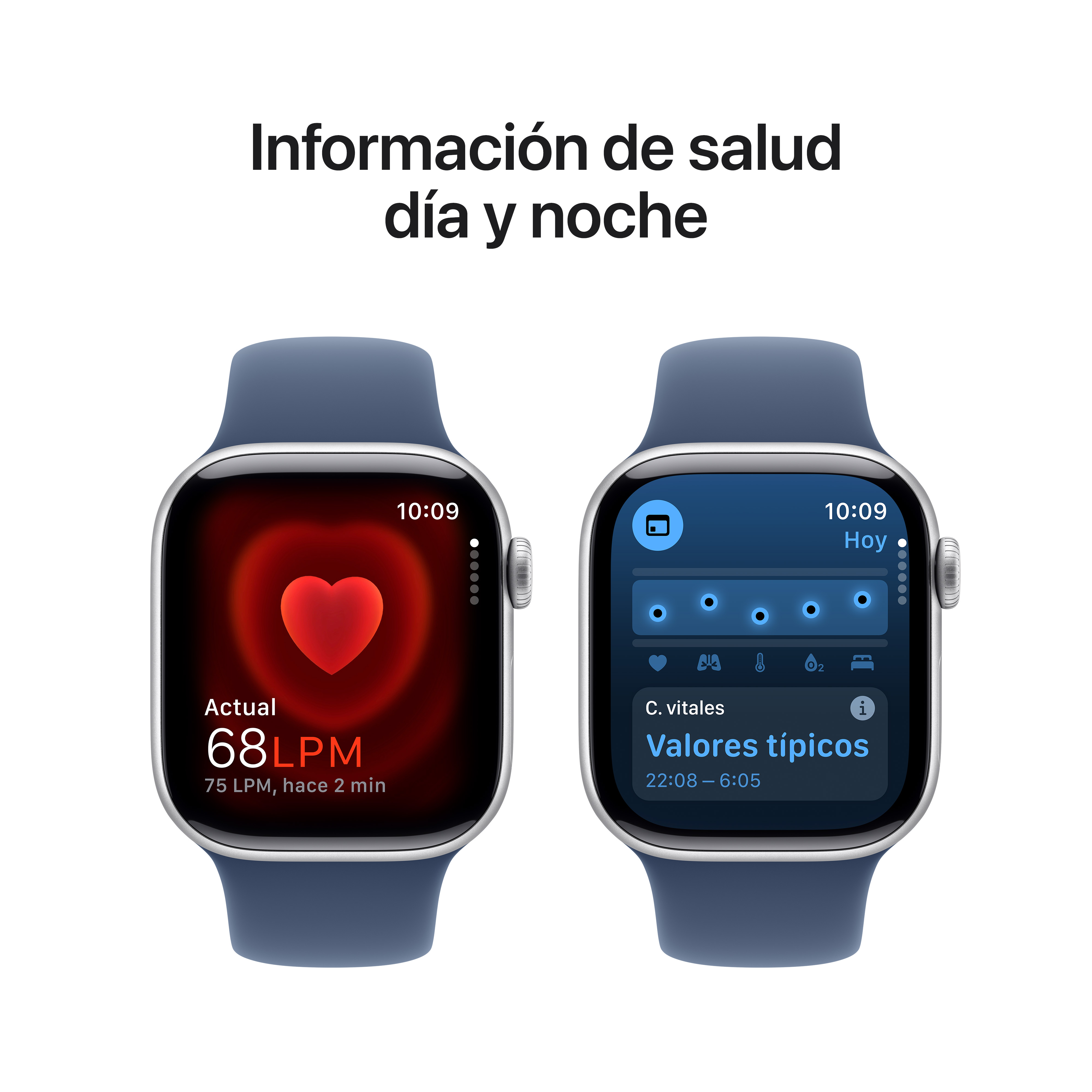 Dos pantallas de Apple Watch que muestran la frecuencia cardíaca y datos de salud.