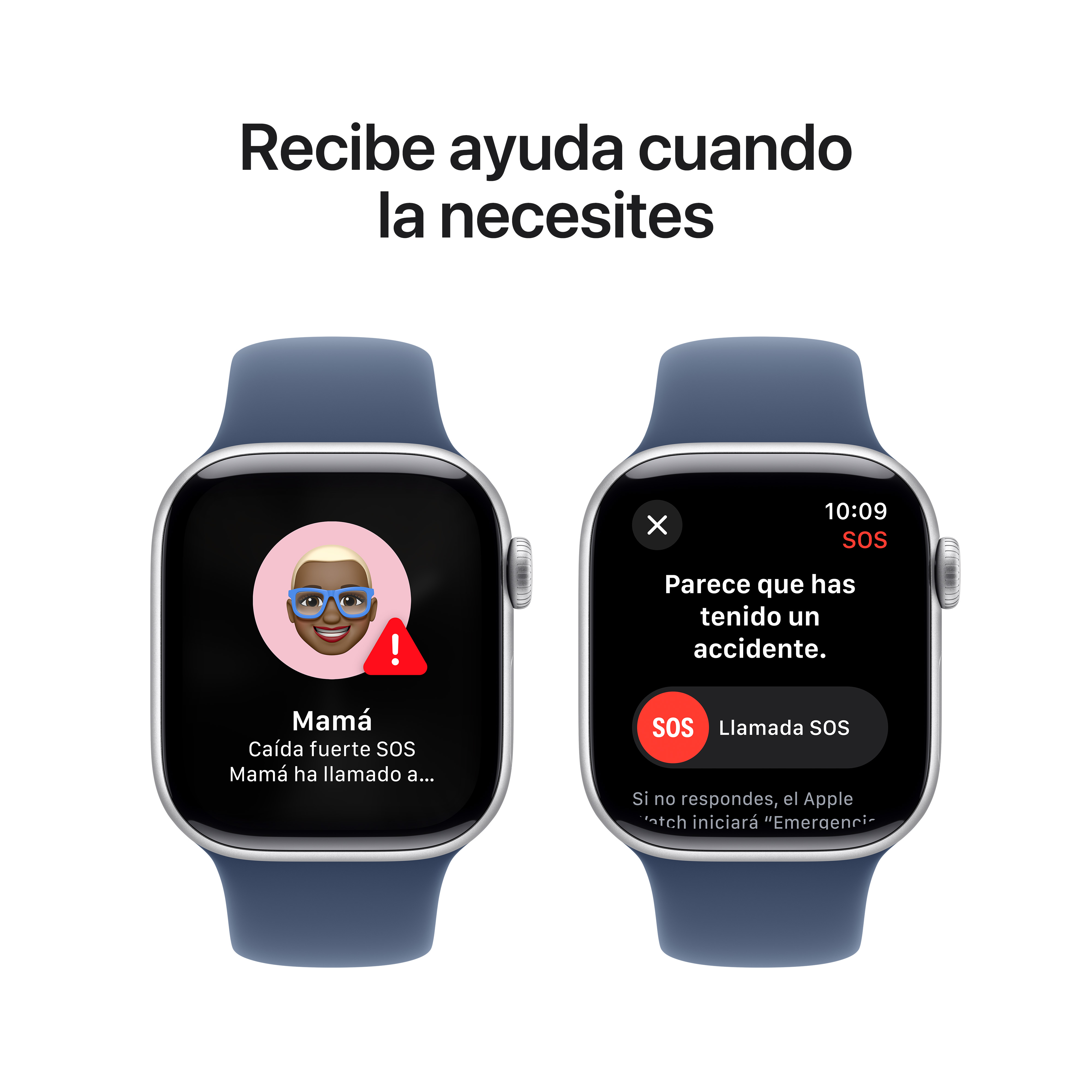 Dos smartwatches muestran mensajes SOS. Uno muestra una foto, el otro un mensaje. Correas azules.