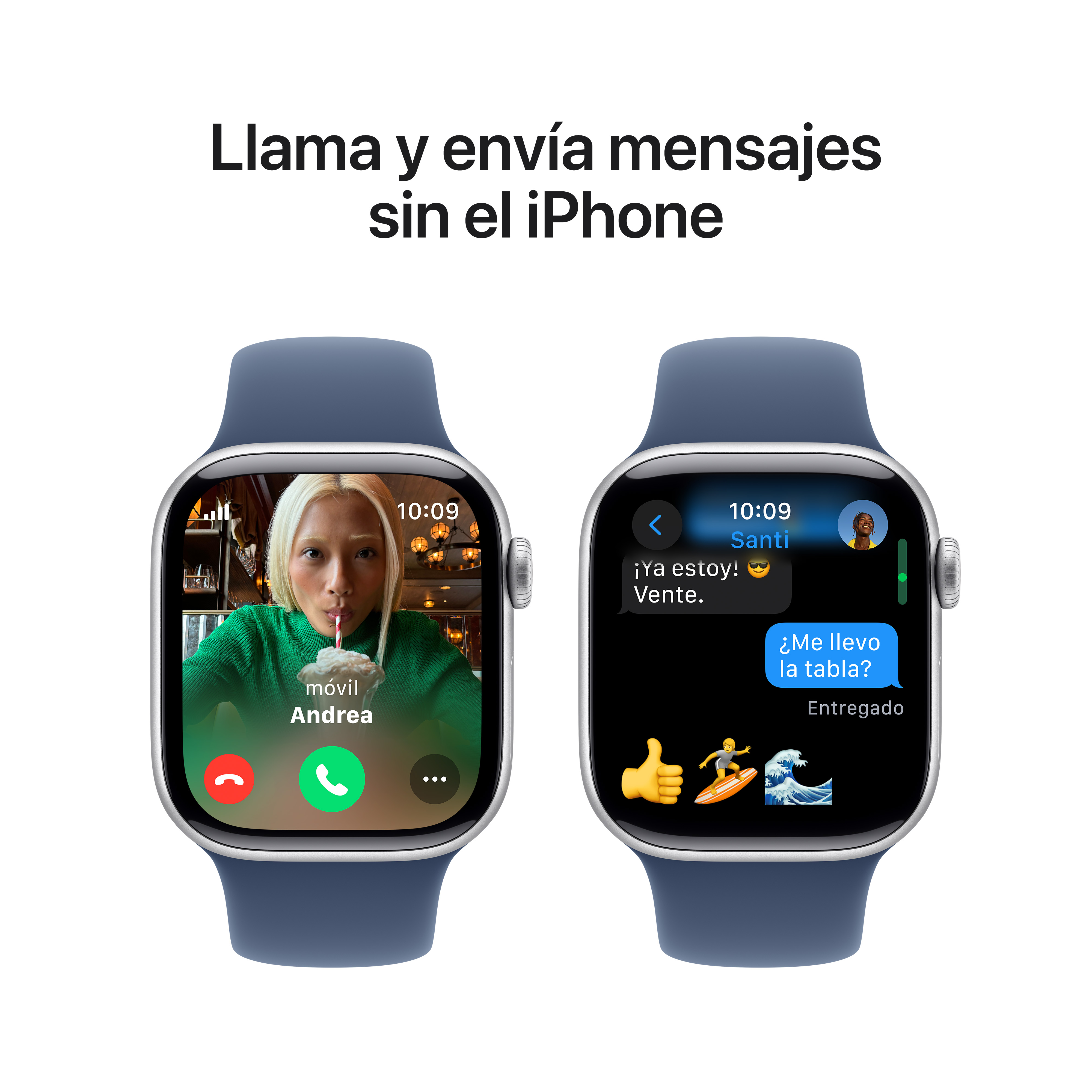 Dos relojes inteligentes muestran una videollamada y una conversación de mensajes de texto.