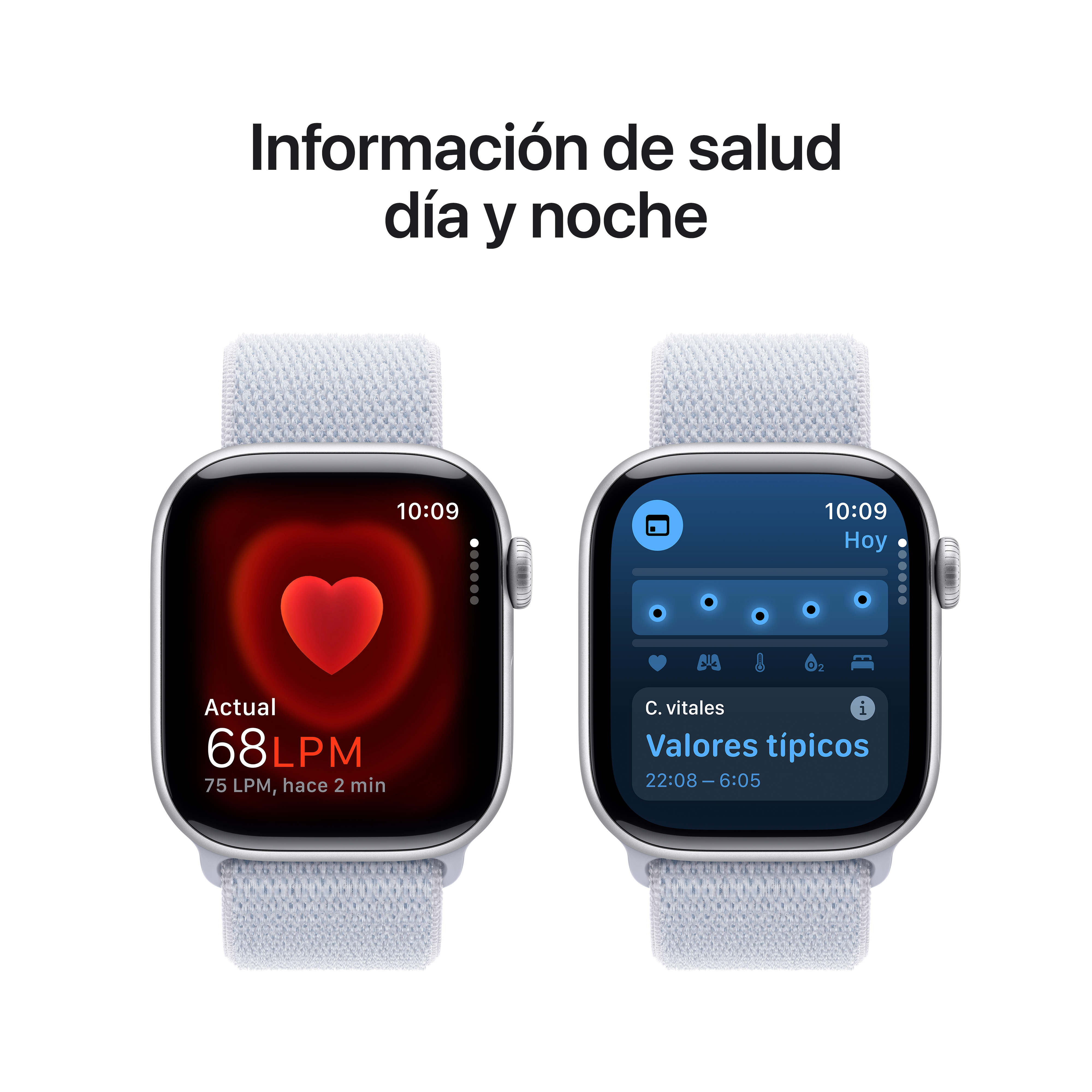 Dos smartwatches con correas blancas muestran datos de salud, frecuencia cardíaca y signos vitales.
