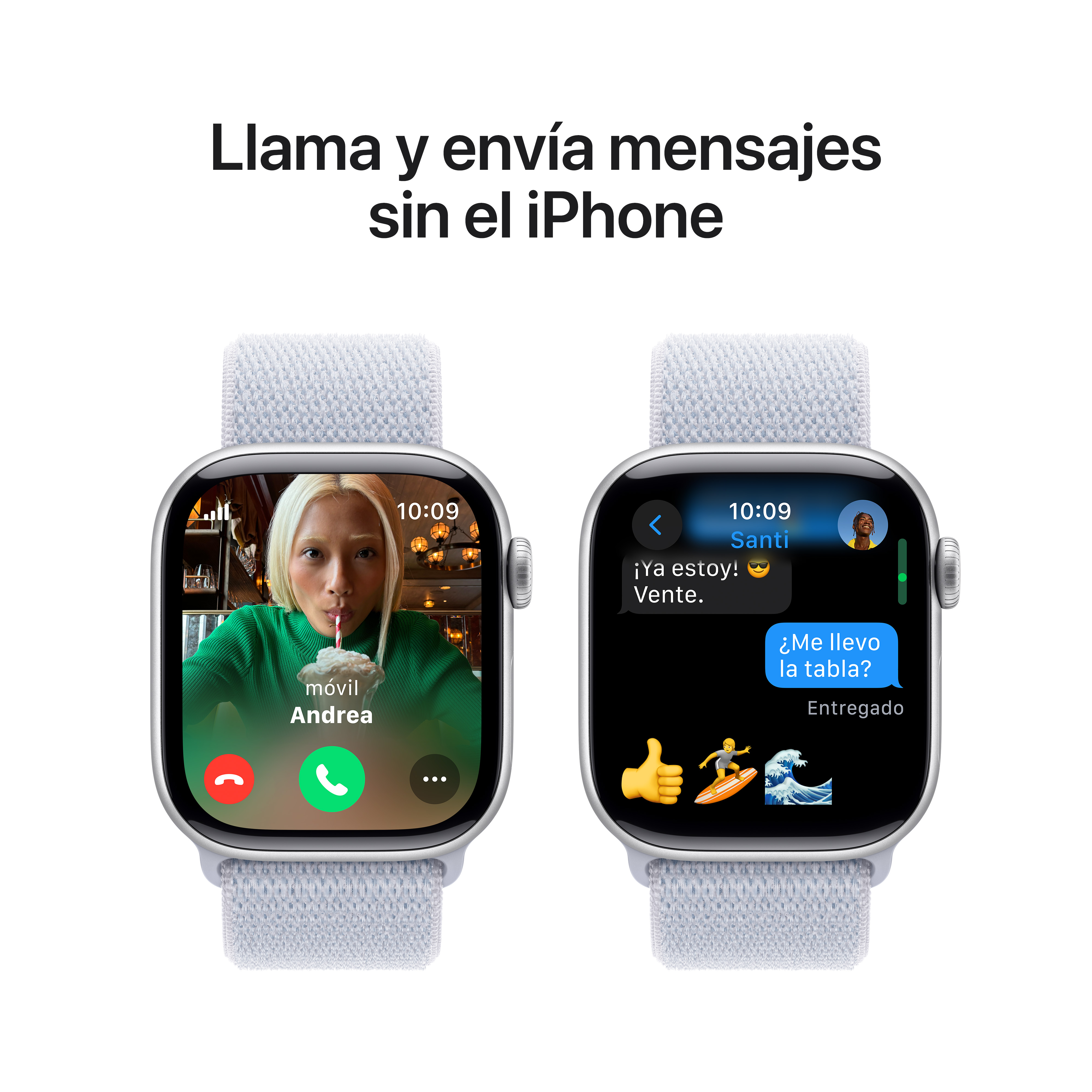 Dos smartwatches muestran llamadas y mensajes. Uno muestra una videollamada, el otro un mensaje.