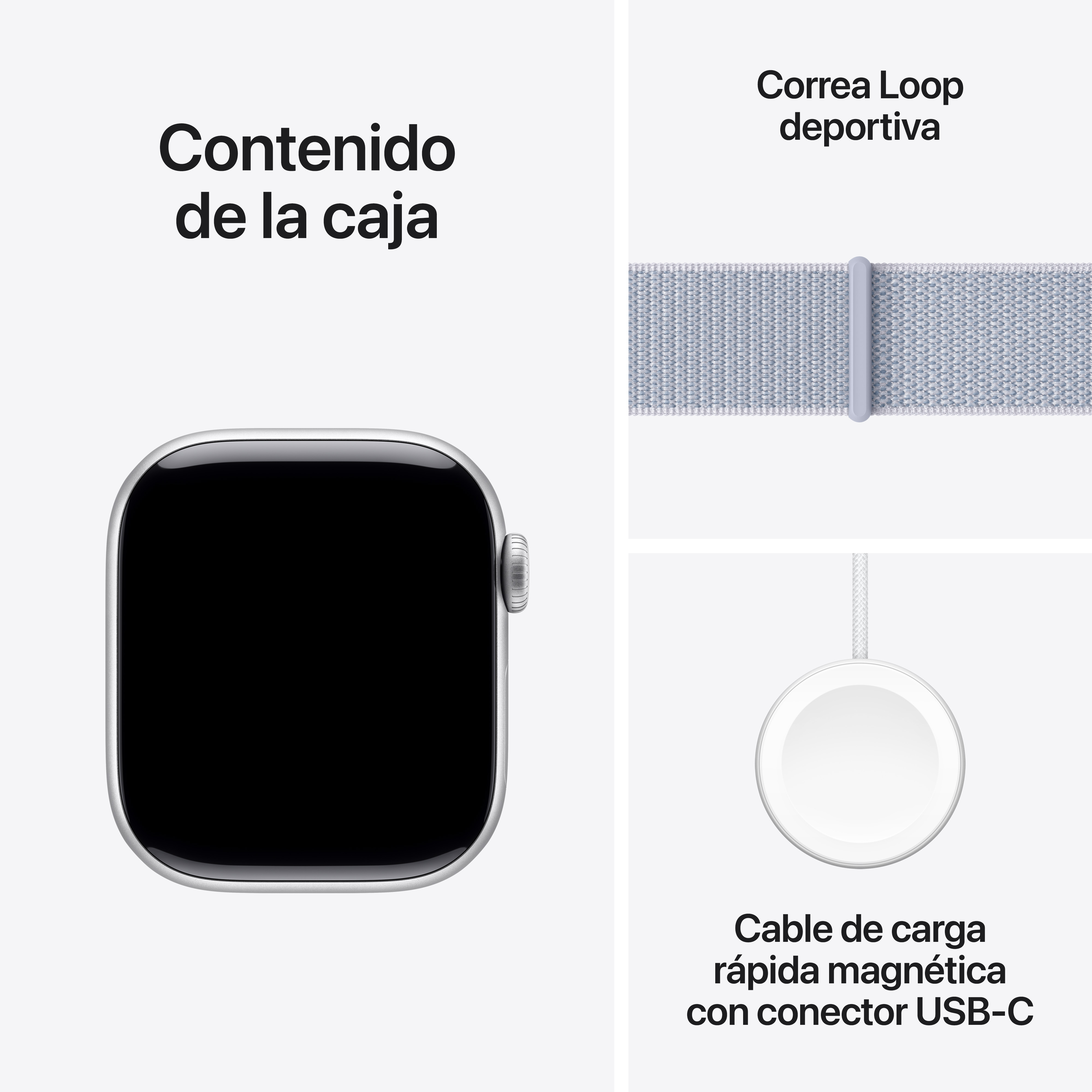 La imagen muestra un reloj inteligente, una correa deportiva Loop y un cable de carga USB-C.