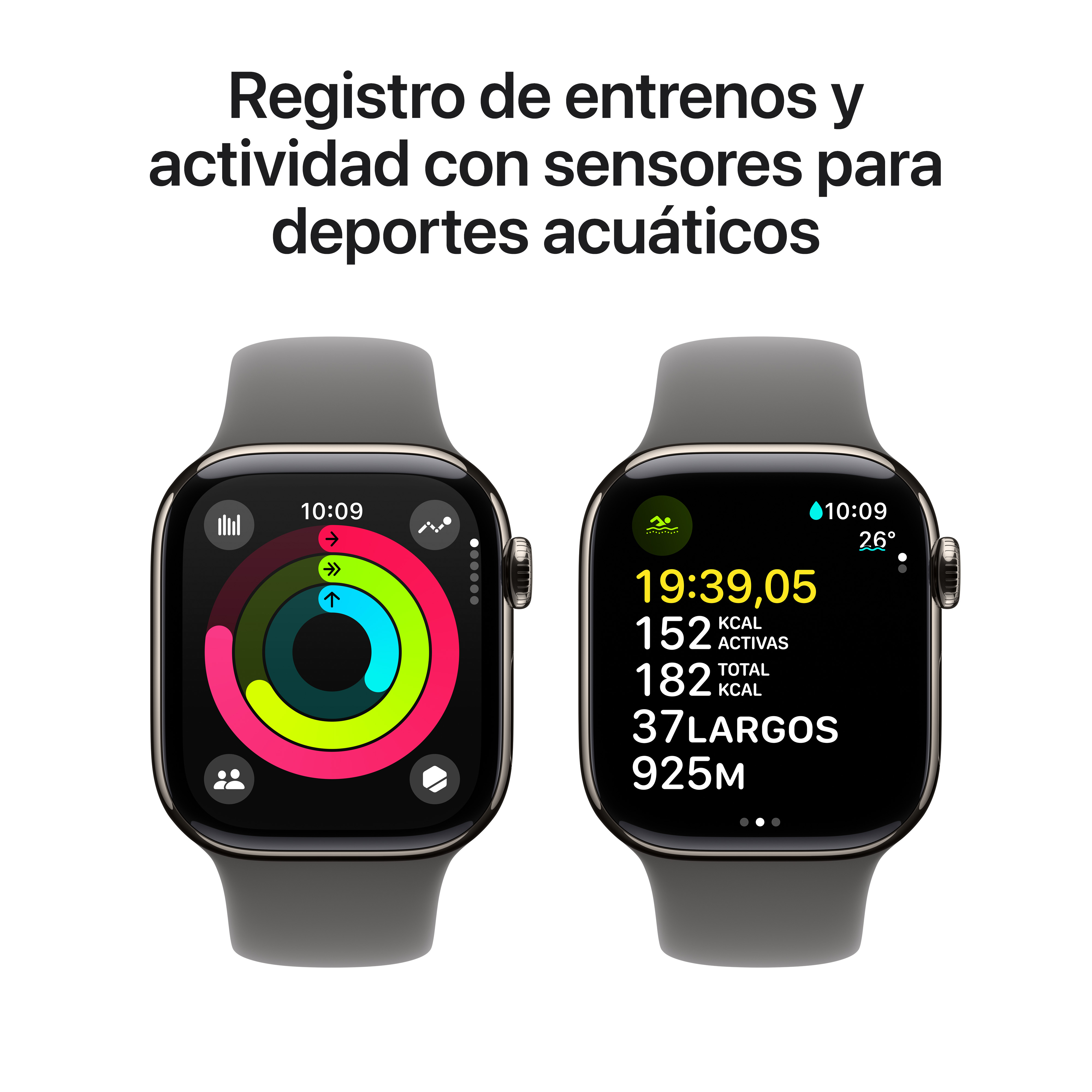 Dos smartwatches mostrando datos de entrenamiento. Fondo: Blanco. Texto: Entrenamientos y actividad con sensores.