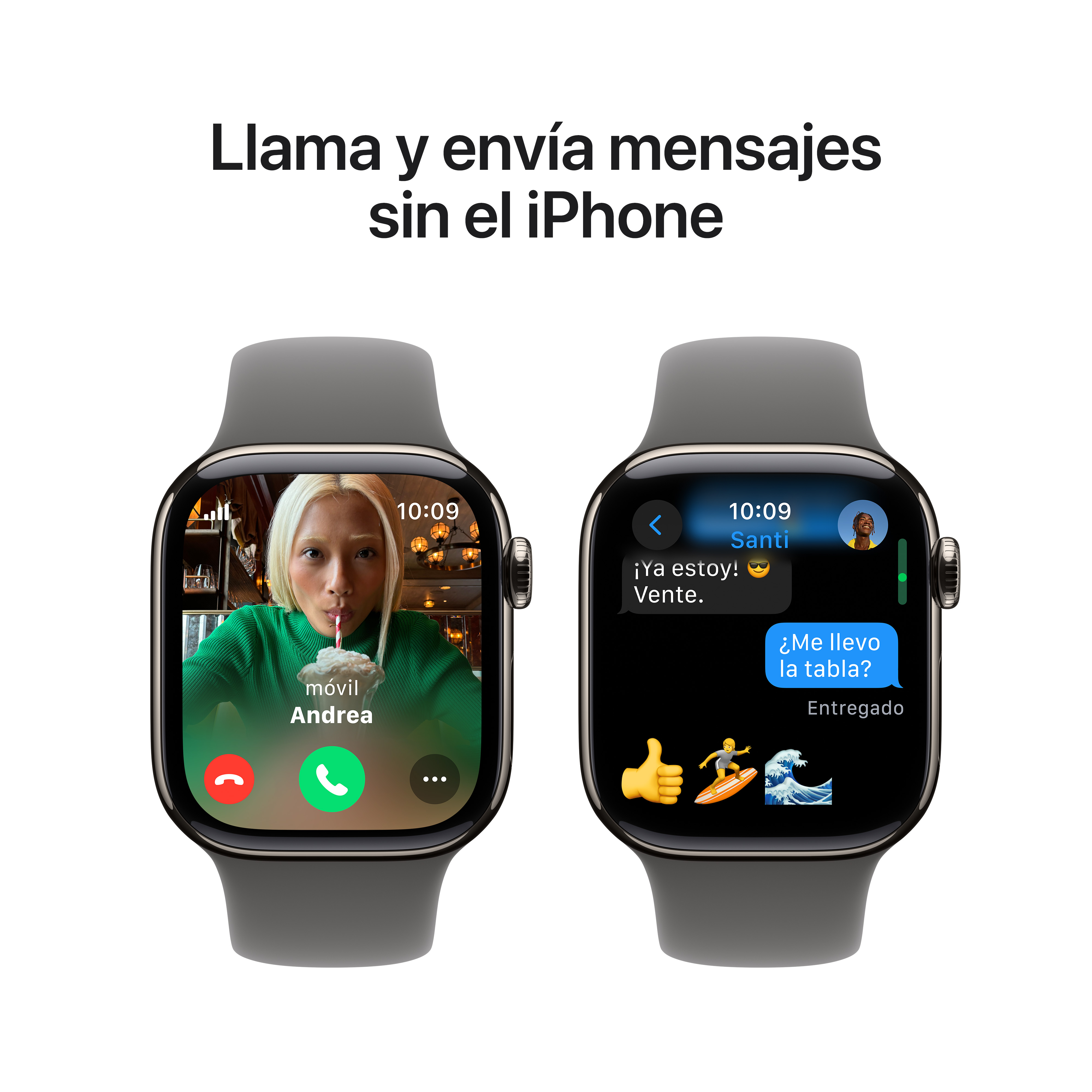 Dos Apple Watches mostrando llamadas y mensajes. Uno muestra una videollamada.