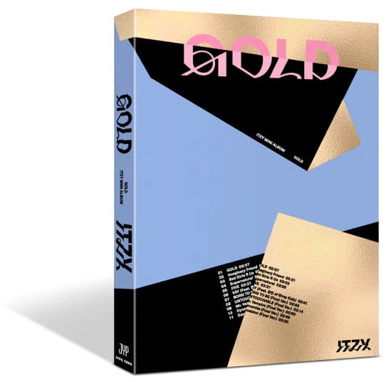 Az ITZY Gold mini album borítója; kék és arany geometriai formák, albumcím és számlista.