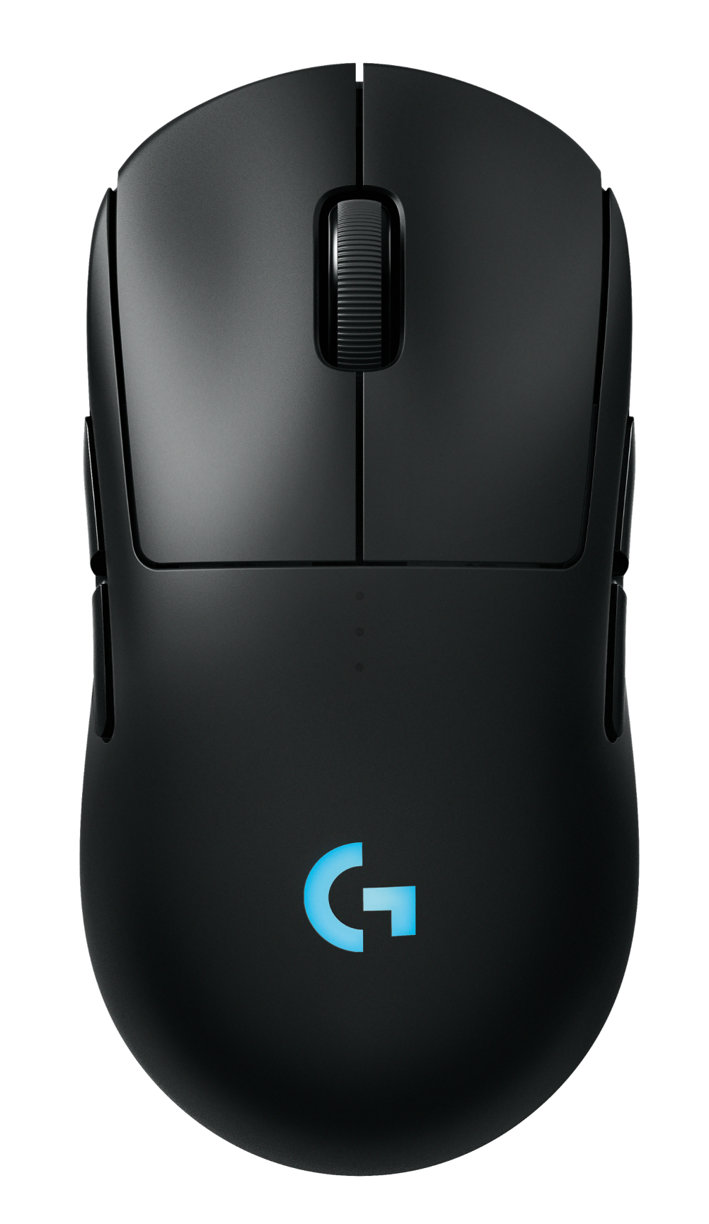 Czarna mysz komputerowa z kółkiem przewijania i niebieskim świecącym logo 'G'. Na białym tle.