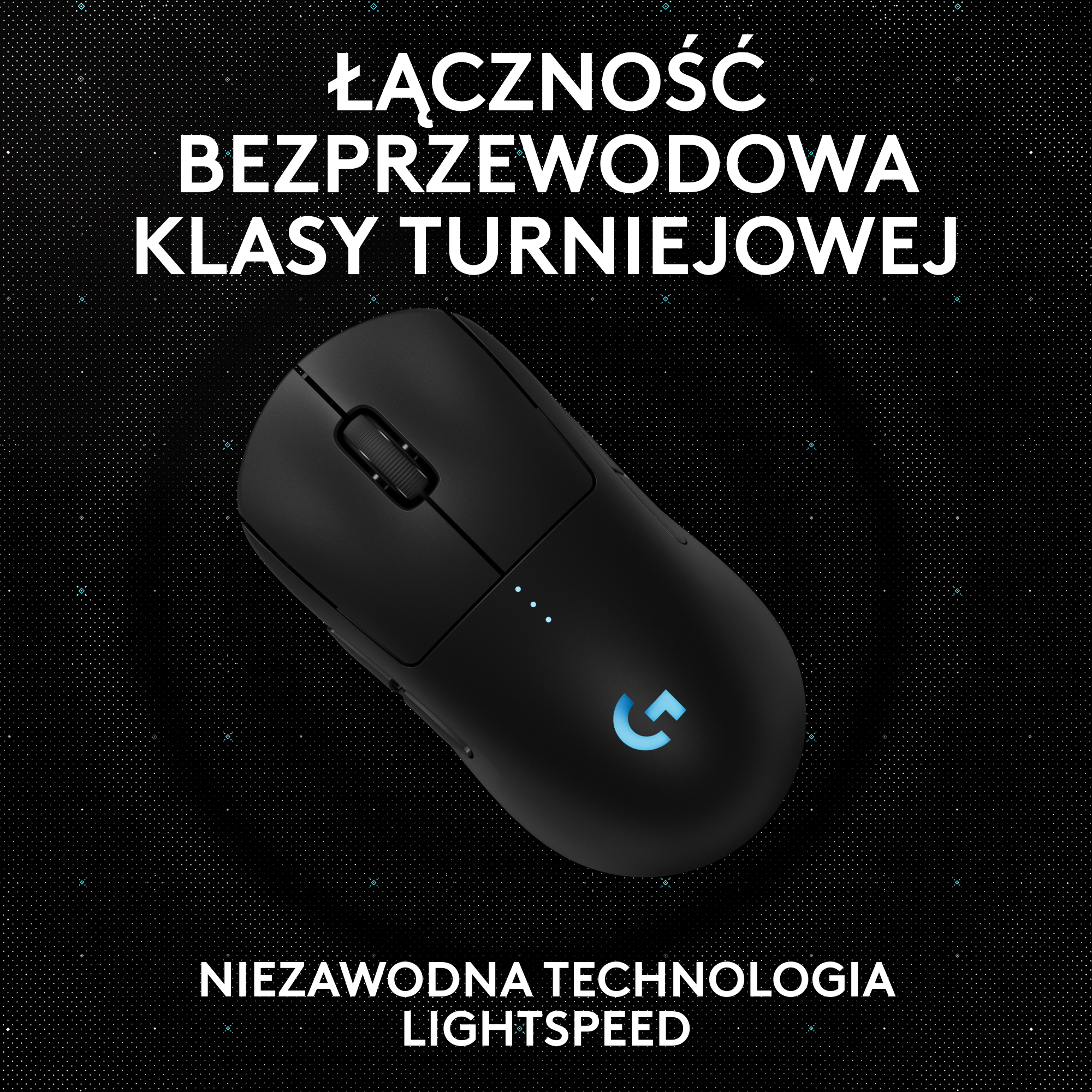 Czarna mysz do gier. Ma kółko przewijania i dwa boczne przyciski. Logo Logitech jest podświetlone na niebiesko.