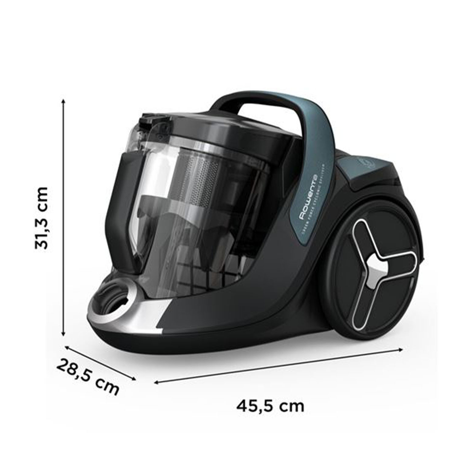 Aspirapolvere nero e verde acqua con dimensioni: 45,5 cm lungo, 28,5 cm largo, 31,3 cm alto.
