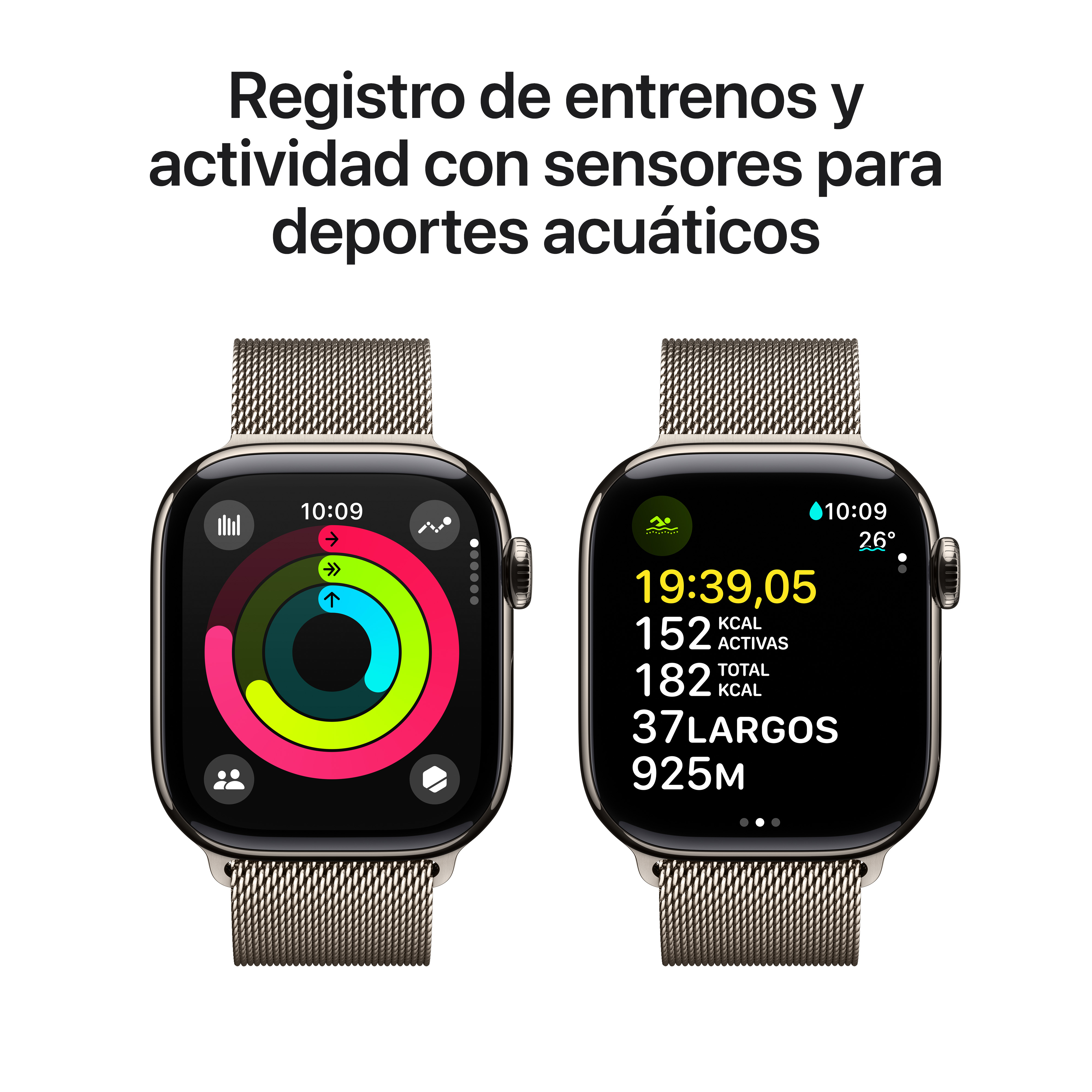 Dos smartwatches con correas metálicas que muestran datos de entrenamiento y métricas de actividad, y una pantalla negra.