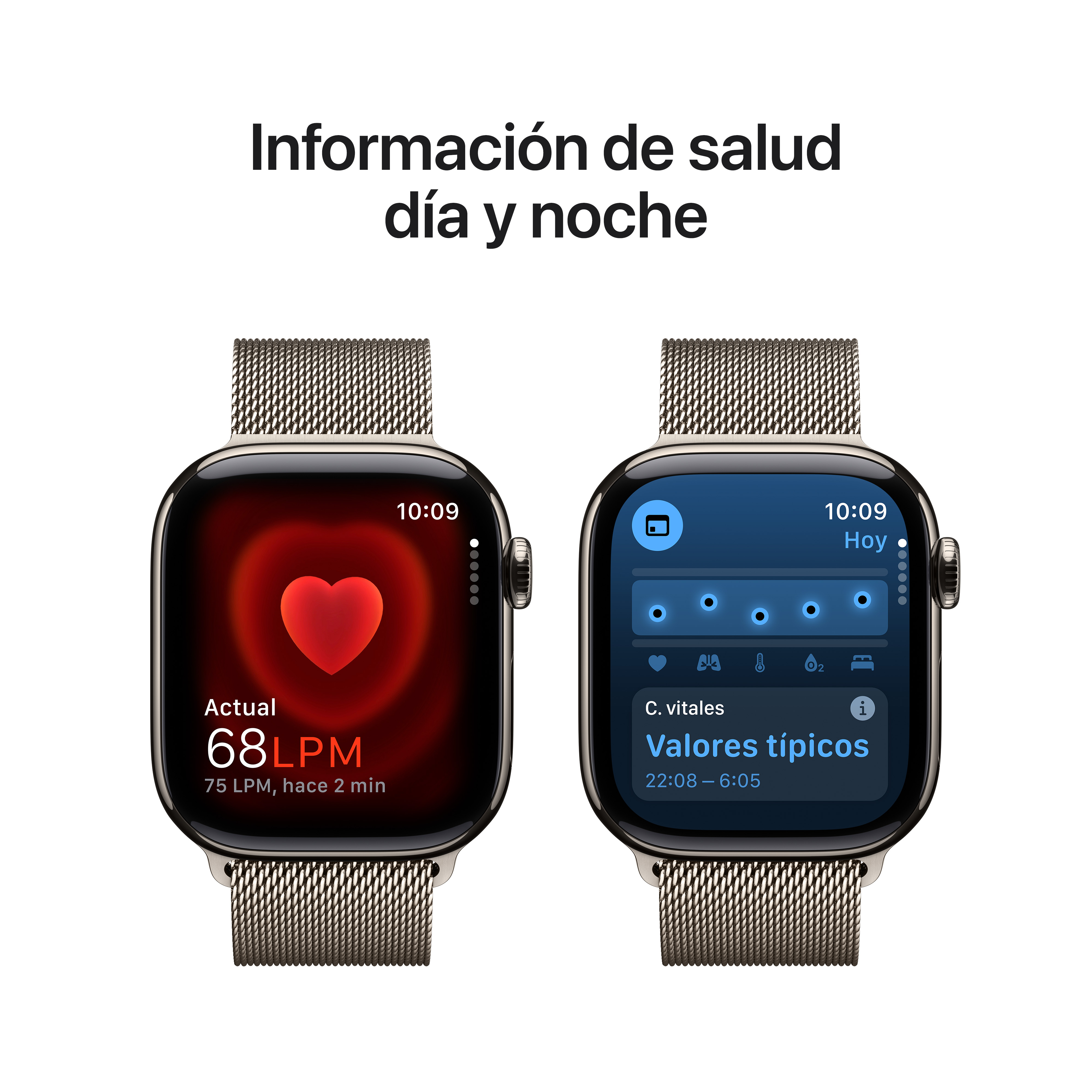 Dos smartwatches con datos de salud, mostrando frecuencia cardíaca y signos vitales.