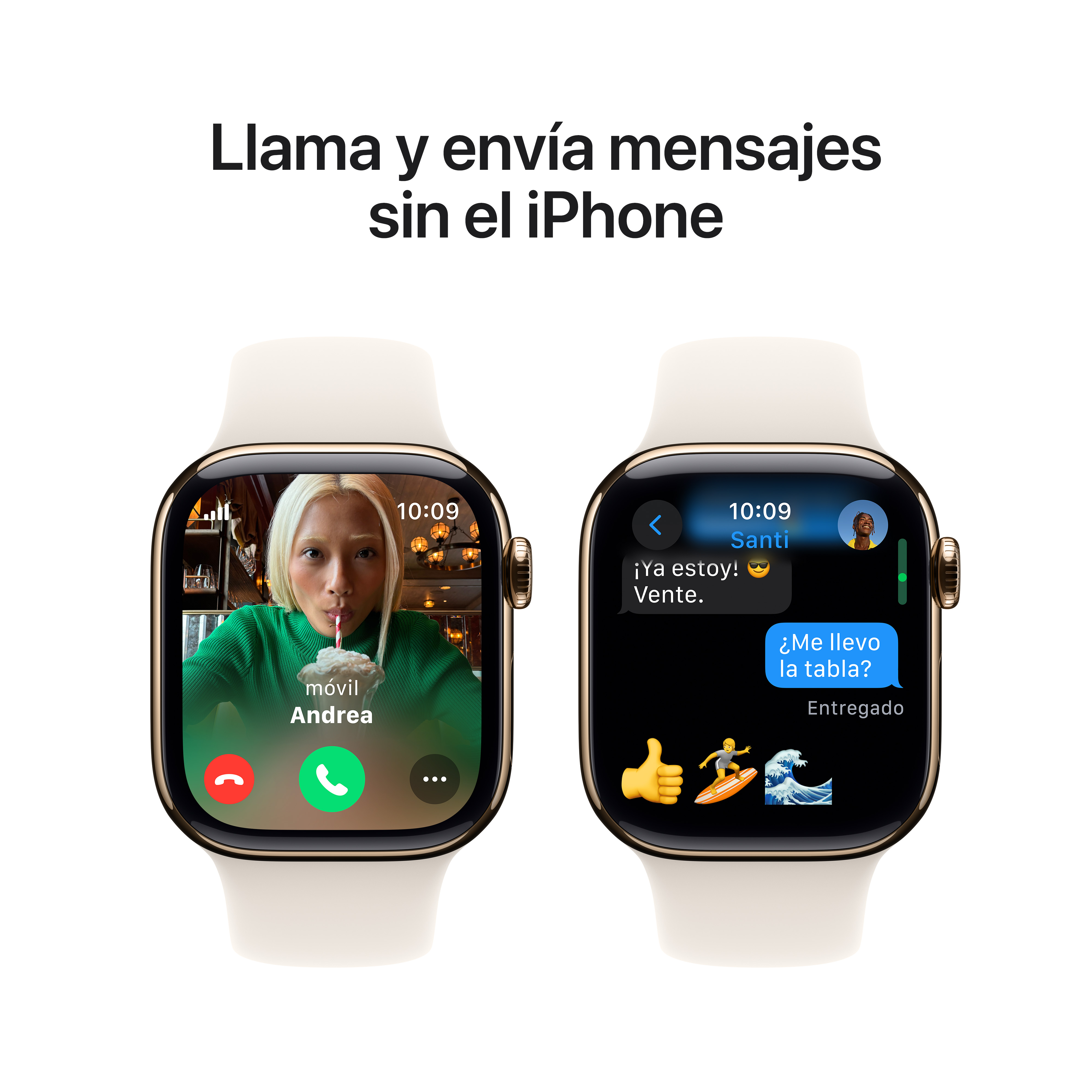 Dos Apple Watch, videollamada y pantallas de mensajes de texto.