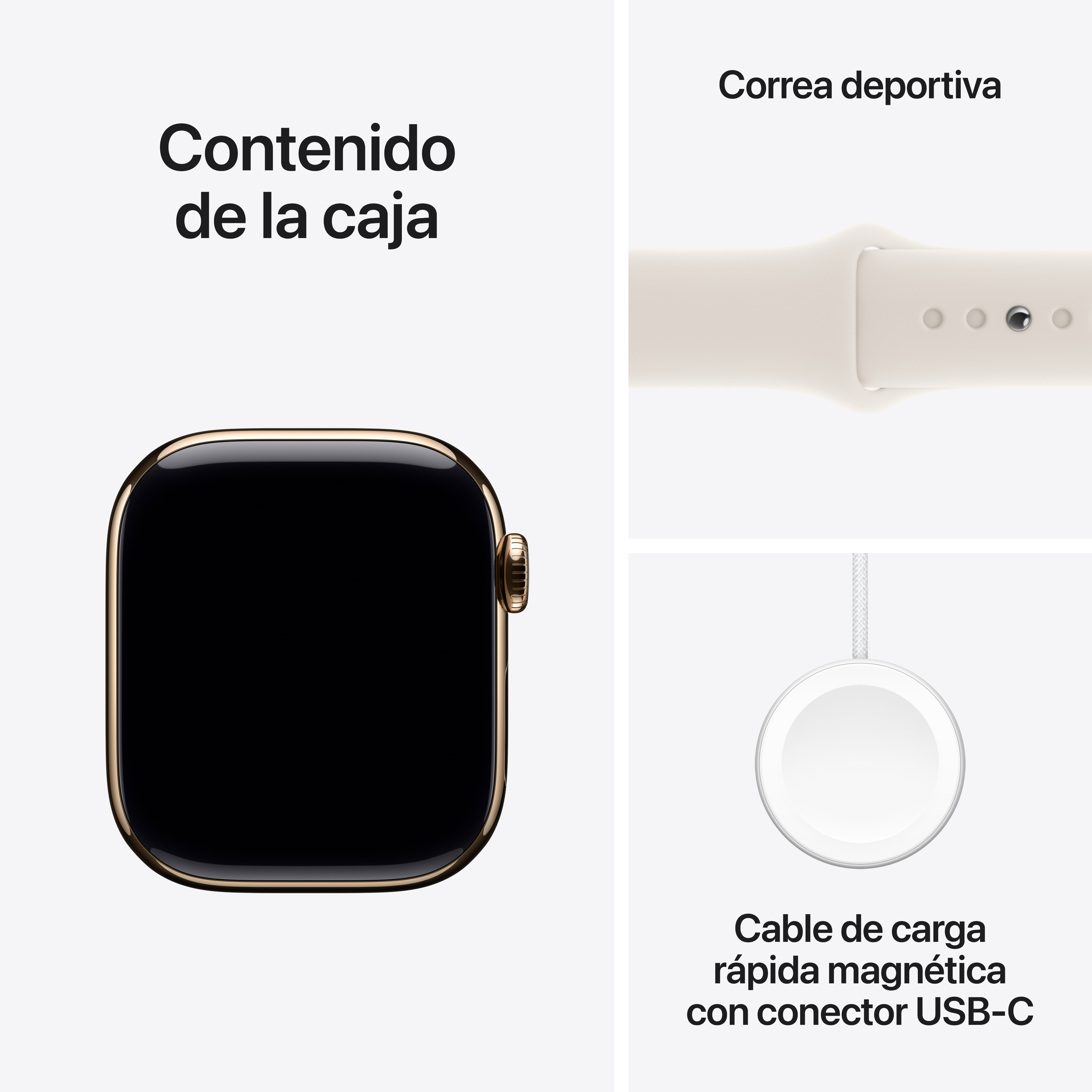 Un Apple Watch con caja dorada y pantalla negra, con correa y cargador blancos.