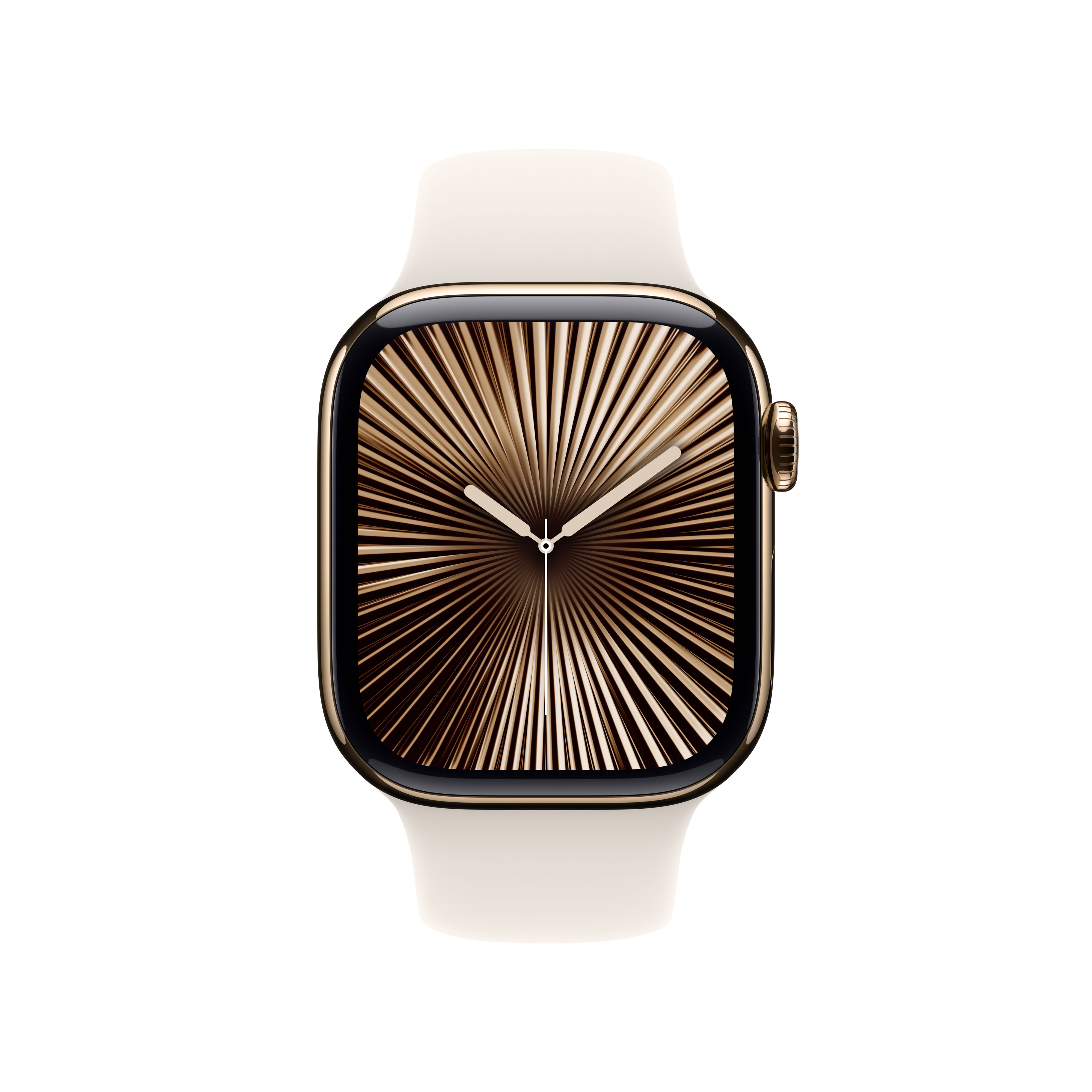 Apple Watch dorada con correa blanca, mostrando esfera.