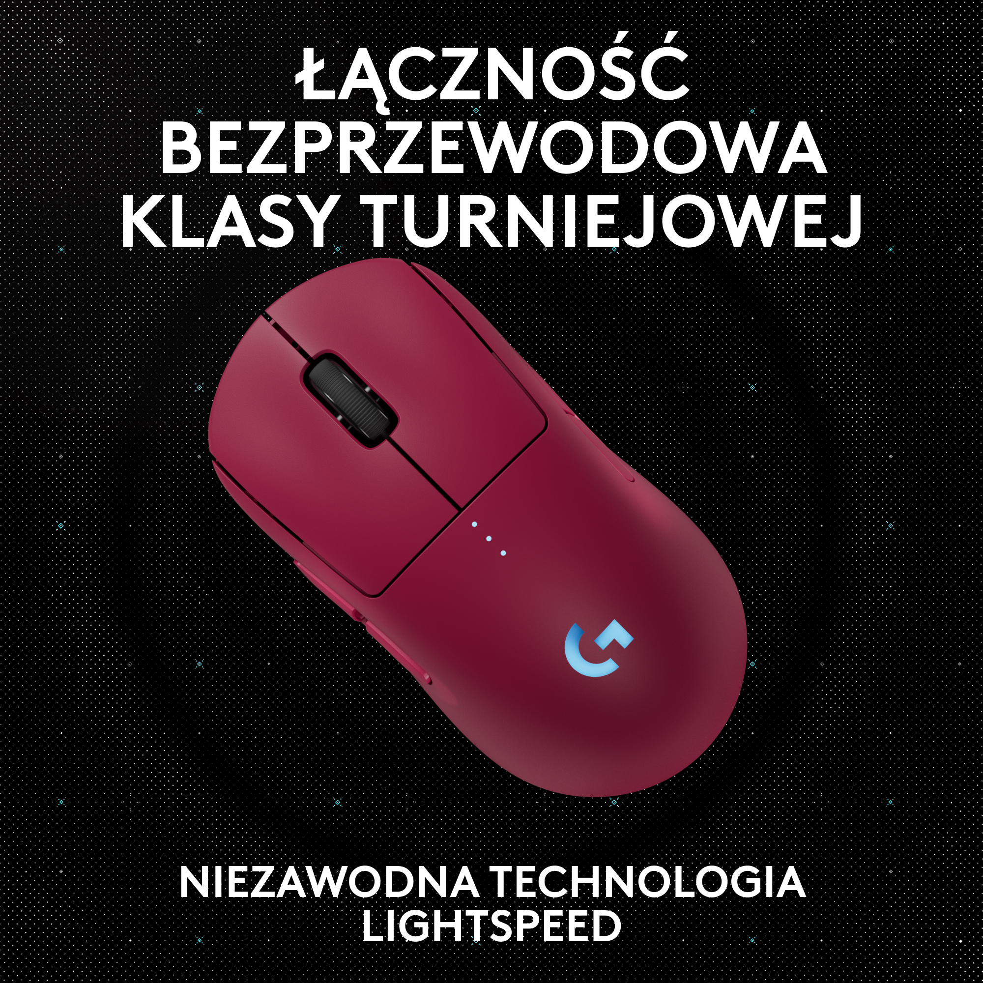 Bordowa mysz bezprzewodowa z czarnym kółkiem przewijania i świecącym niebieskim logo.
