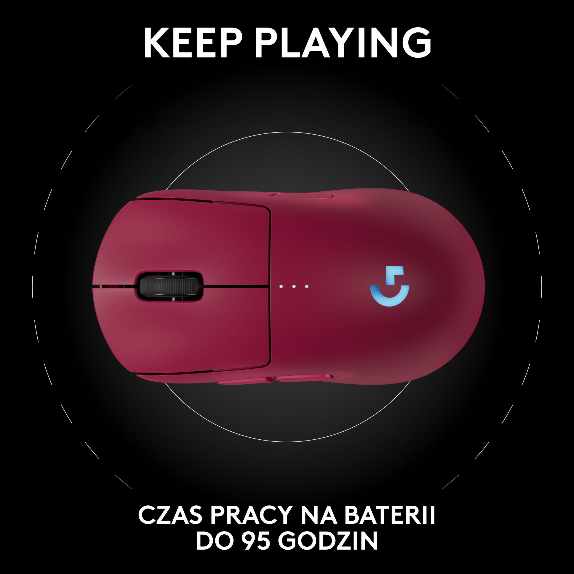 Czerwona mysz do gier na czarnym tle, z logo i tekstem.