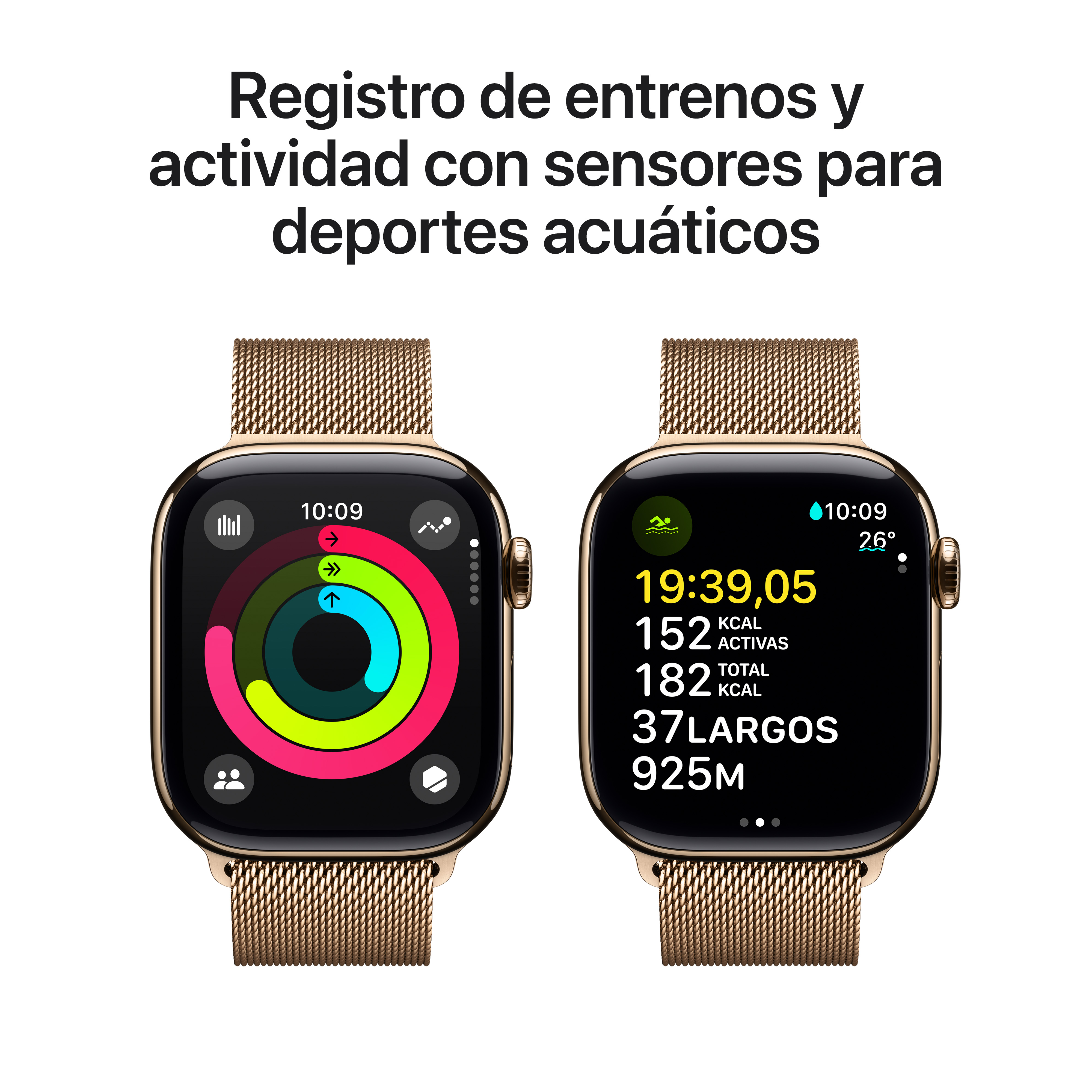 Dos smartwatches mostrando datos de entrenamiento en pantalla, correas de metal dorado.