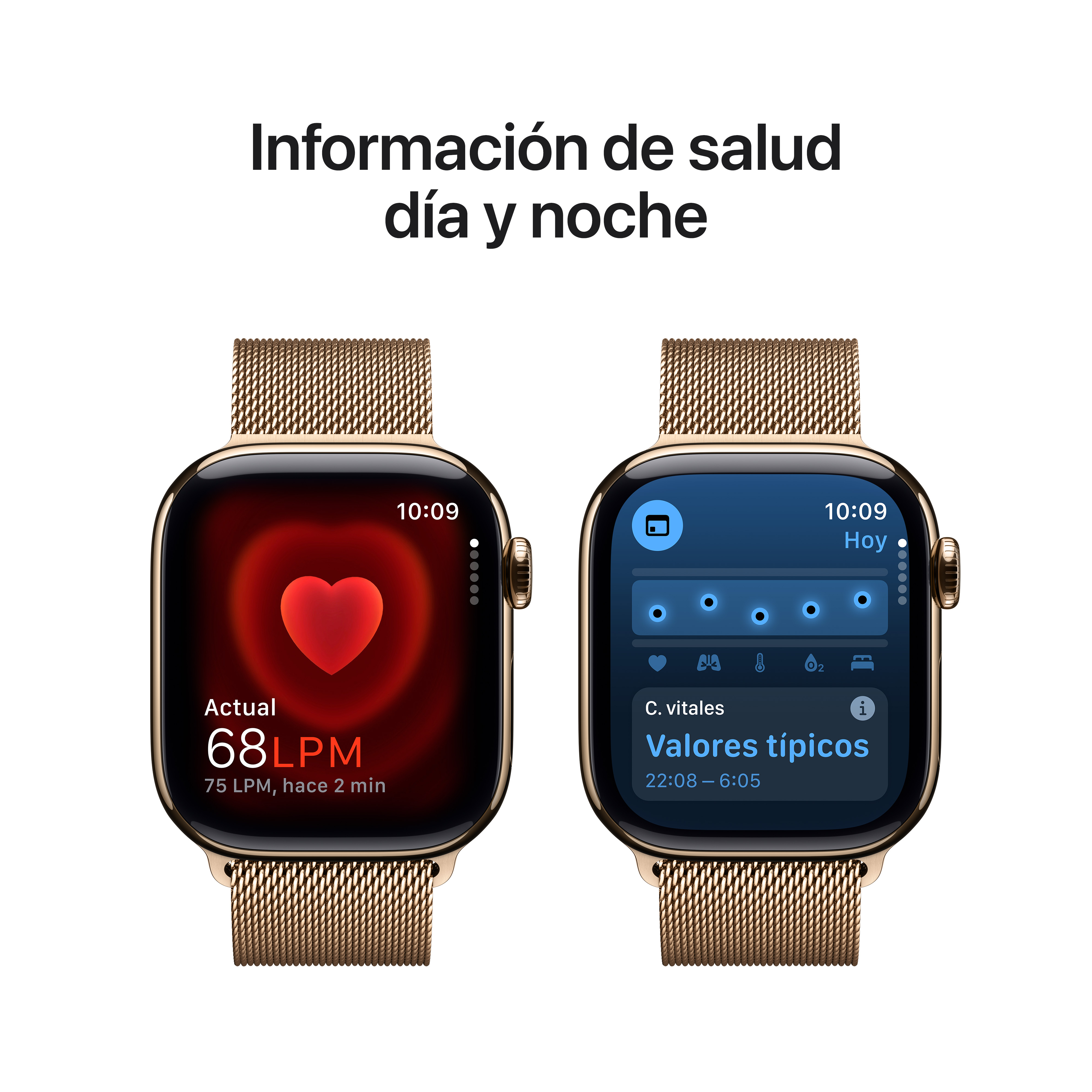 Dos smartwatches mostrando datos de salud. Uno muestra la frecuencia cardíaca, el otro signos vitales.