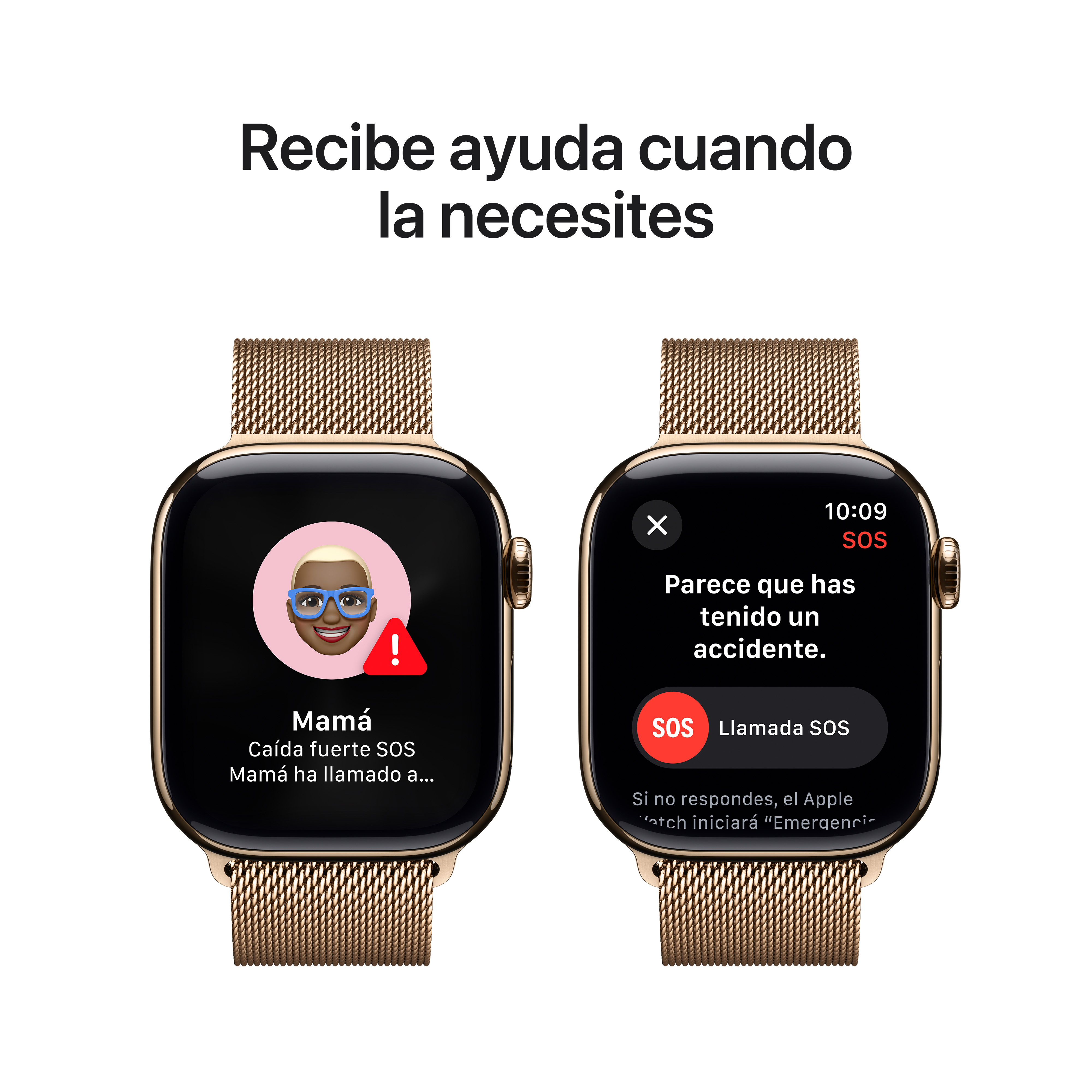Dos Apple Watches mostrando pantallas de llamada SOS. Relojes dorados.