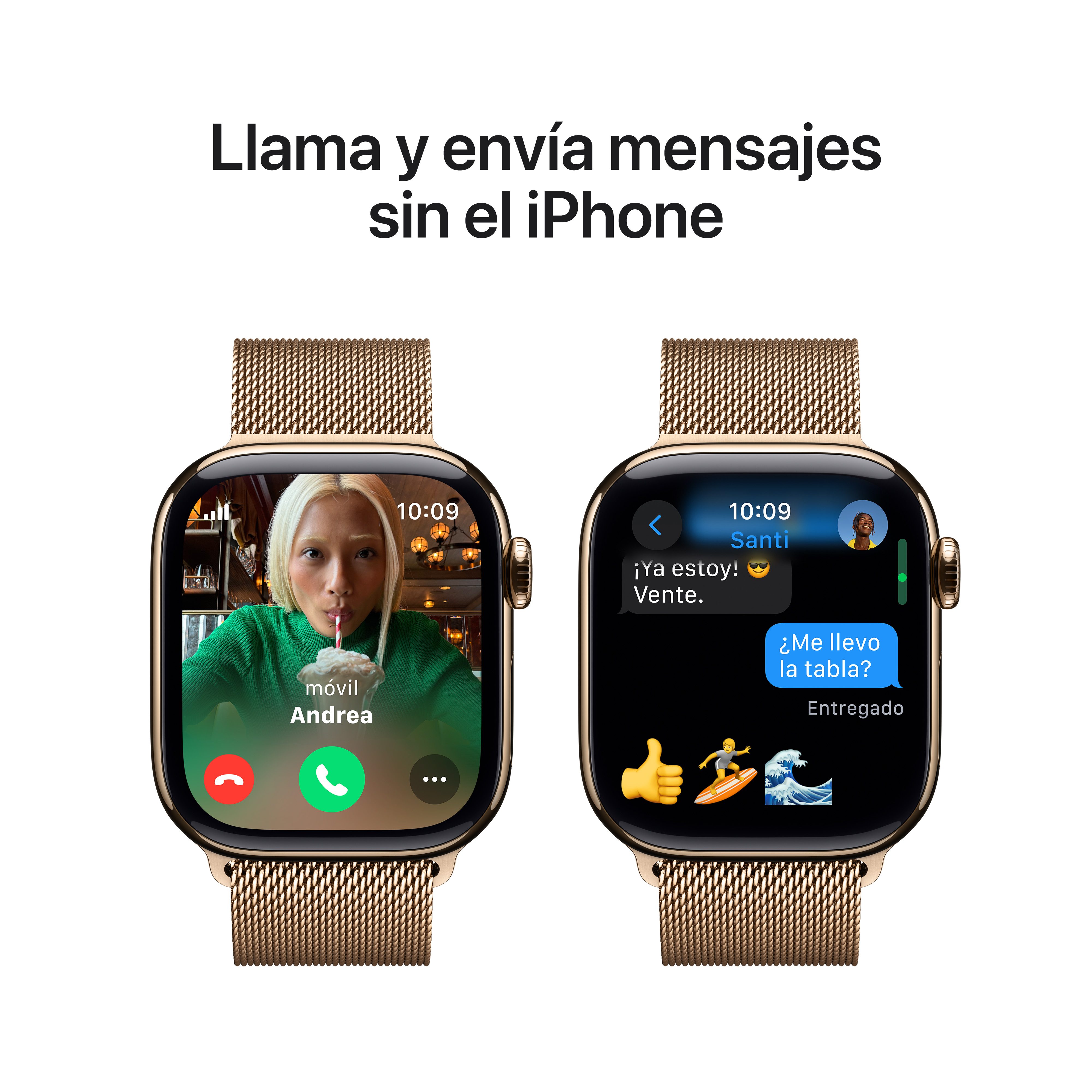 Dos smartwatches dorados que muestran una videollamada y una aplicación de mensajería, sobre una superficie blanca.